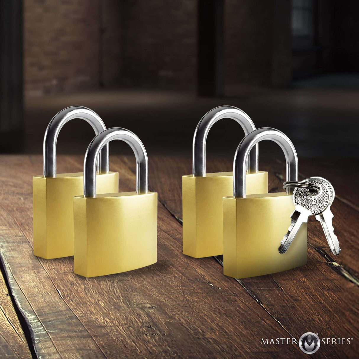 Master Series 4 Pack Lock Set featuring four matching padlocks and keys, ideal for restraint play.