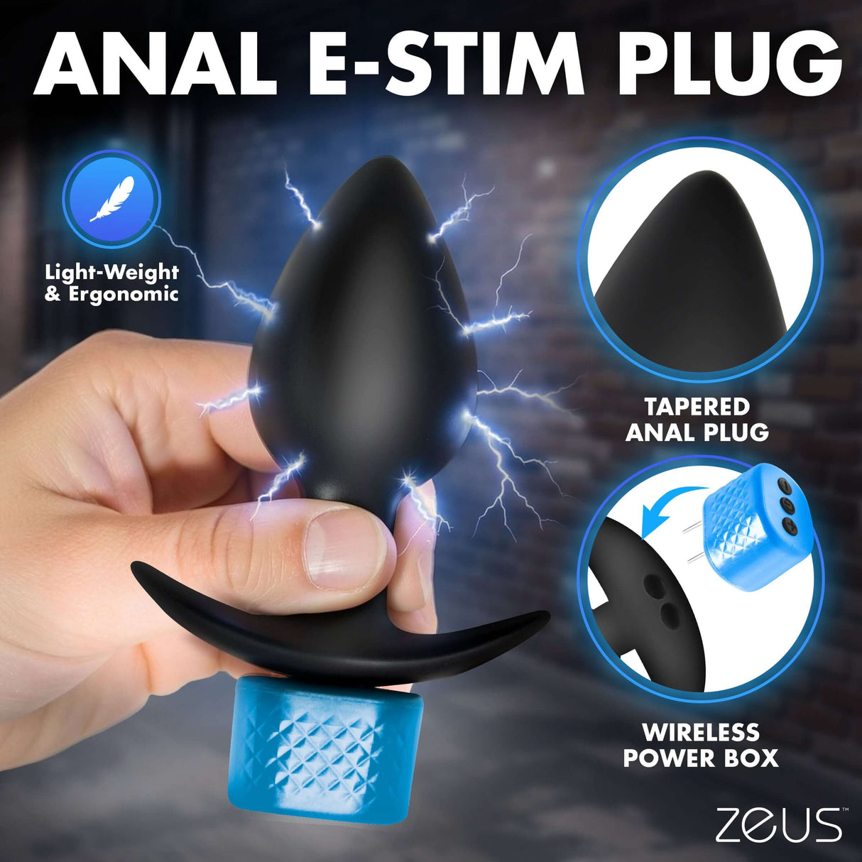 Zeus Anal Plug & Head Teaser E-Stim Kit featuring a tapered anal plug and wireless power box for electrifying pleasure.