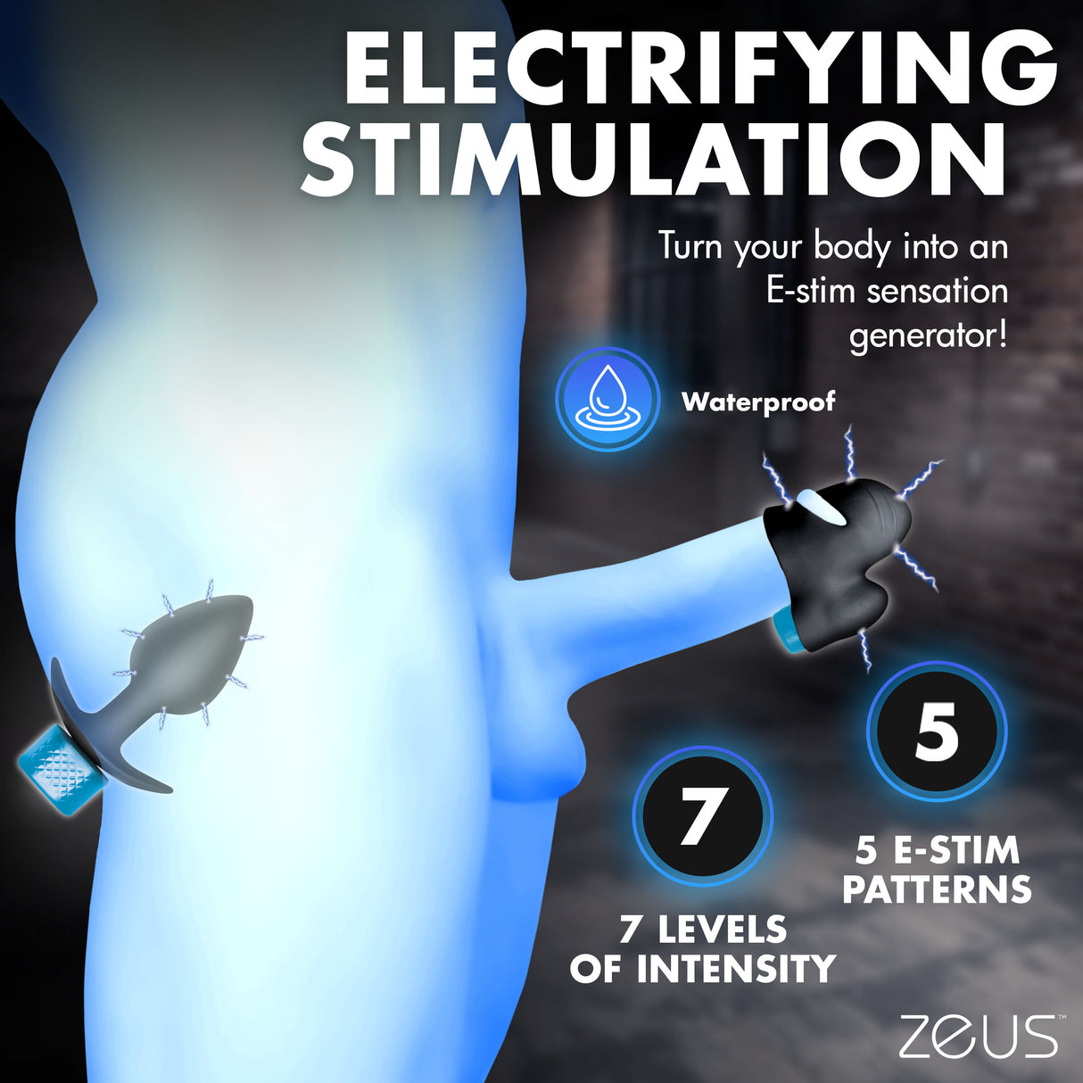 Zeus Anal Plug & Head Teaser E-Stim Kit showcasing electrifying stimulation features with waterproof design and intensity levels.