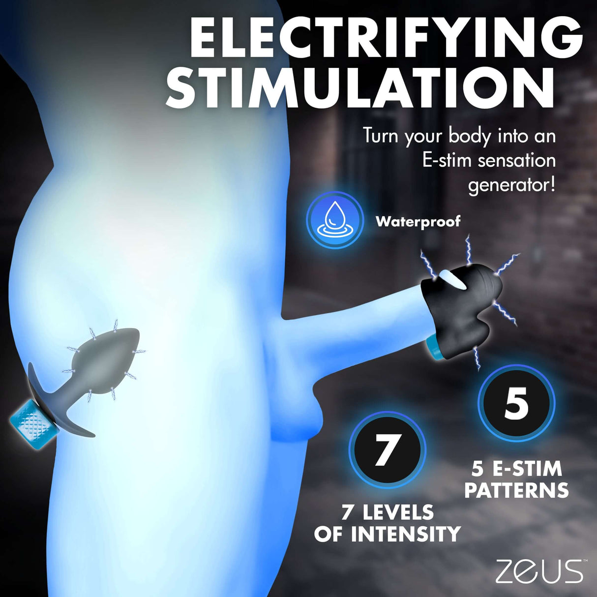 Zeus Anal Plug & Head Teaser E-Stim Kit showcasing electrifying stimulation features with waterproof design and intensity levels.