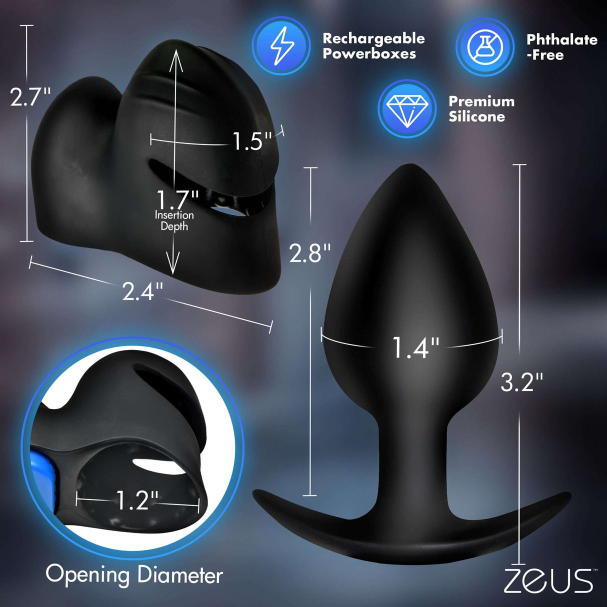 Zeus Anal Plug & Head Teaser E-Stim Kit dimensions with features like rechargeable powerboxes and silicone material.