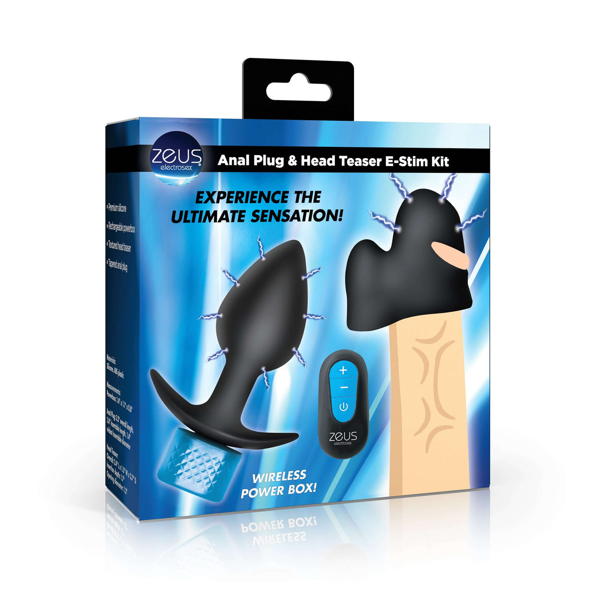 Zeus Anal Plug & Head Teaser E-Stim Kit packaging showcasing the anal plug and head teaser with a wireless power box.
