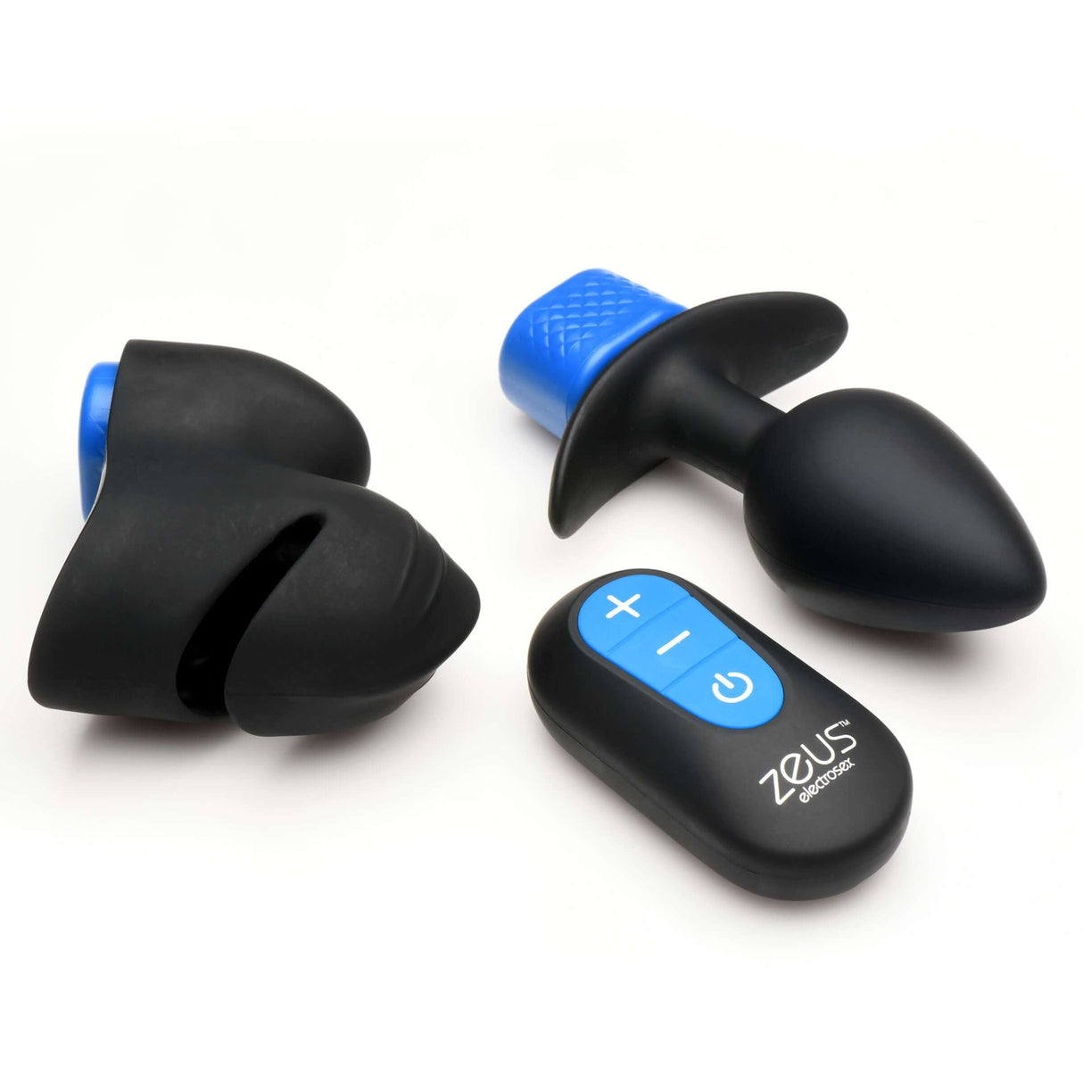 Zeus Anal Plug & Head Teaser E-Stim Kit showing a black anal plug, head teaser, and control remote.
