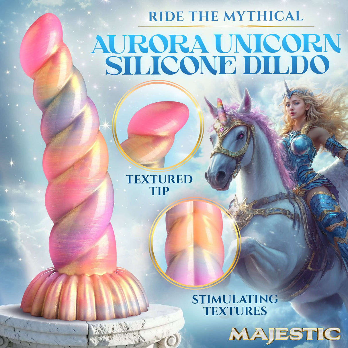Creature Cocks Aurora Unicorn Fantasy Silicone Dildo with textured tip and stimulating colors