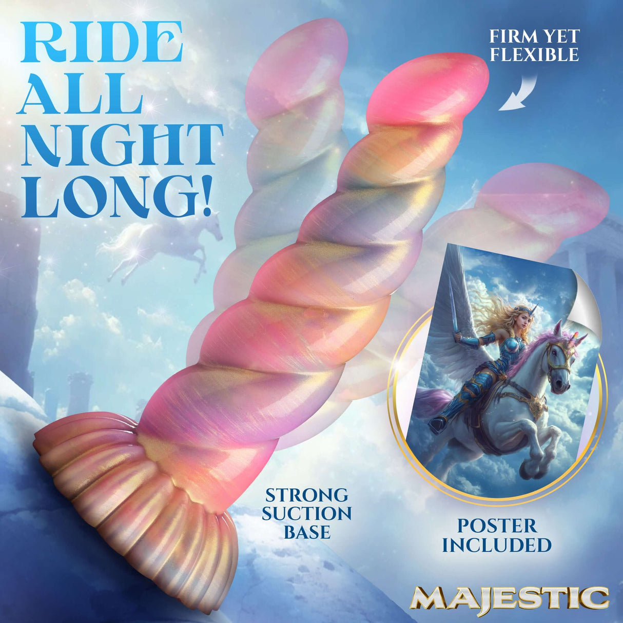 Creature Cocks Aurora Unicorn Fantasy Silicone Dildo with strong suction base and colorful ombre design.