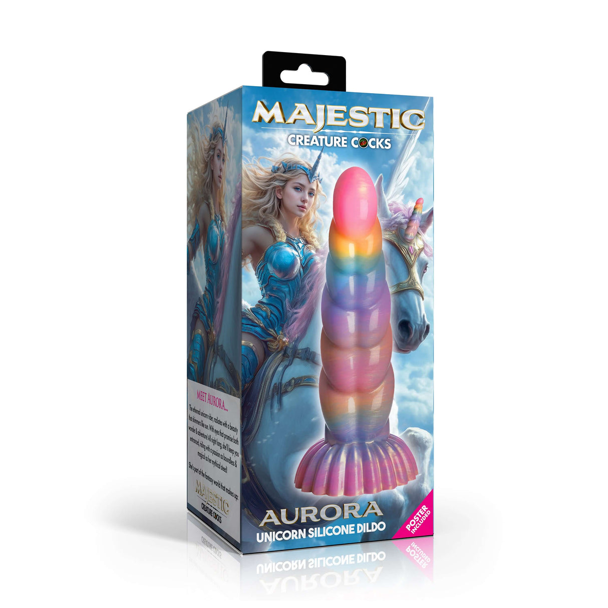 Creature Cocks Aurora Unicorn Fantasy Silicone Dildo packaging featuring a vibrant, sculpted unicorn design.