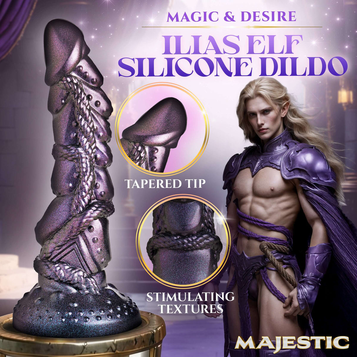 Creature Cocks Ilias Elf Silicone Fantasy Dildo with tapered tip and stimulating textures in royal deep purple.