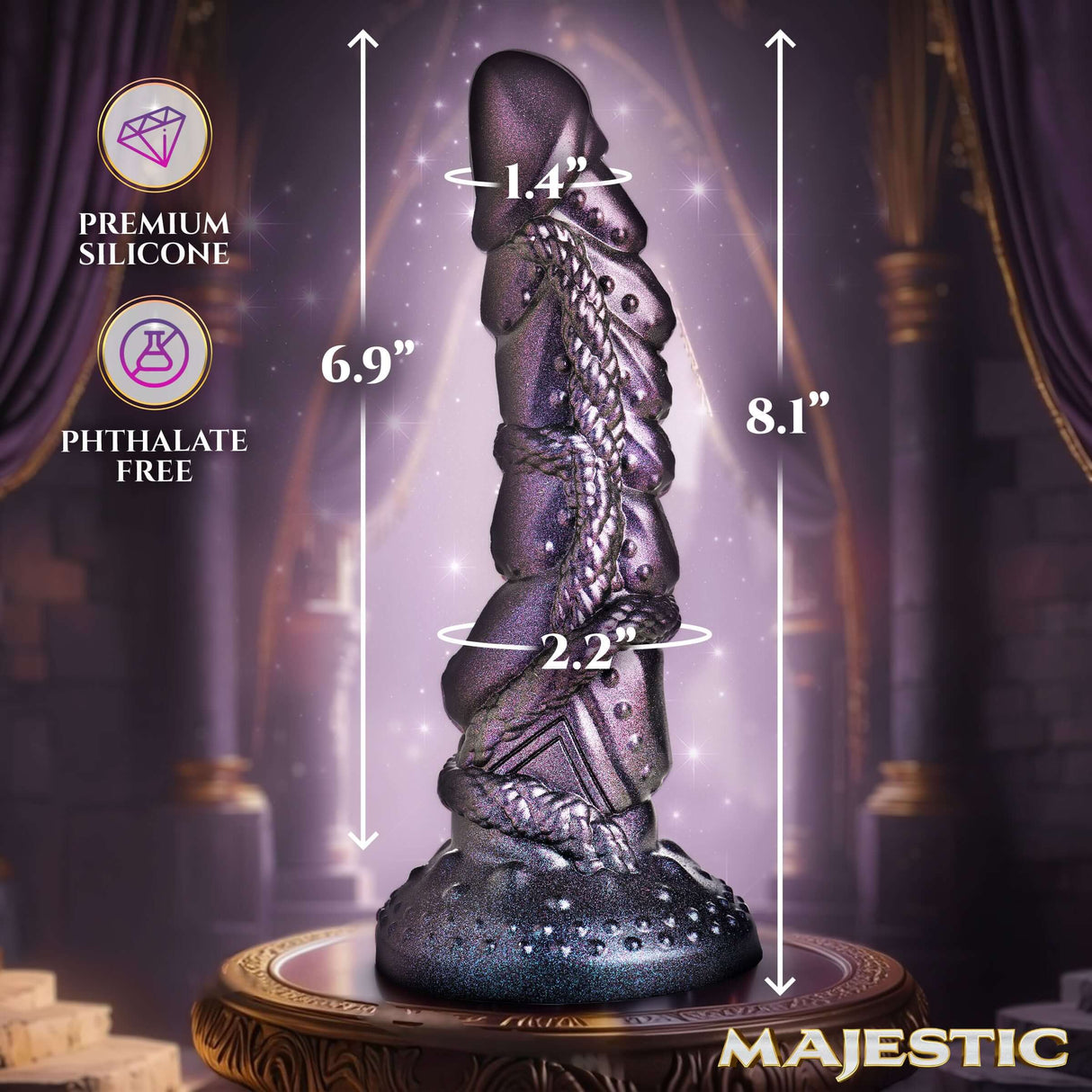 Creature Cocks Ilias Elf Silicone Fantasy Dildo with premium phthalate-free silicone, measuring 8.1 inches tall and 2.2 inches wide.