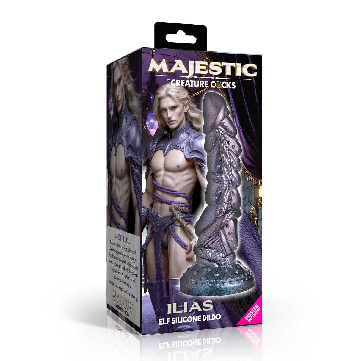 Creature Cocks Ilias Elf Silicone Fantasy Dildo packaging with elf figure design and product details.