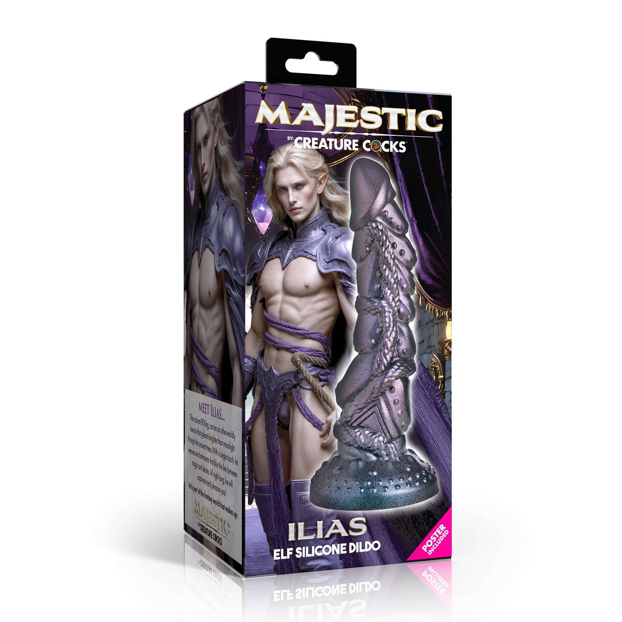 Creature Cocks Ilias Elf Silicone Fantasy Dildo packaging with elf figure design and product details.