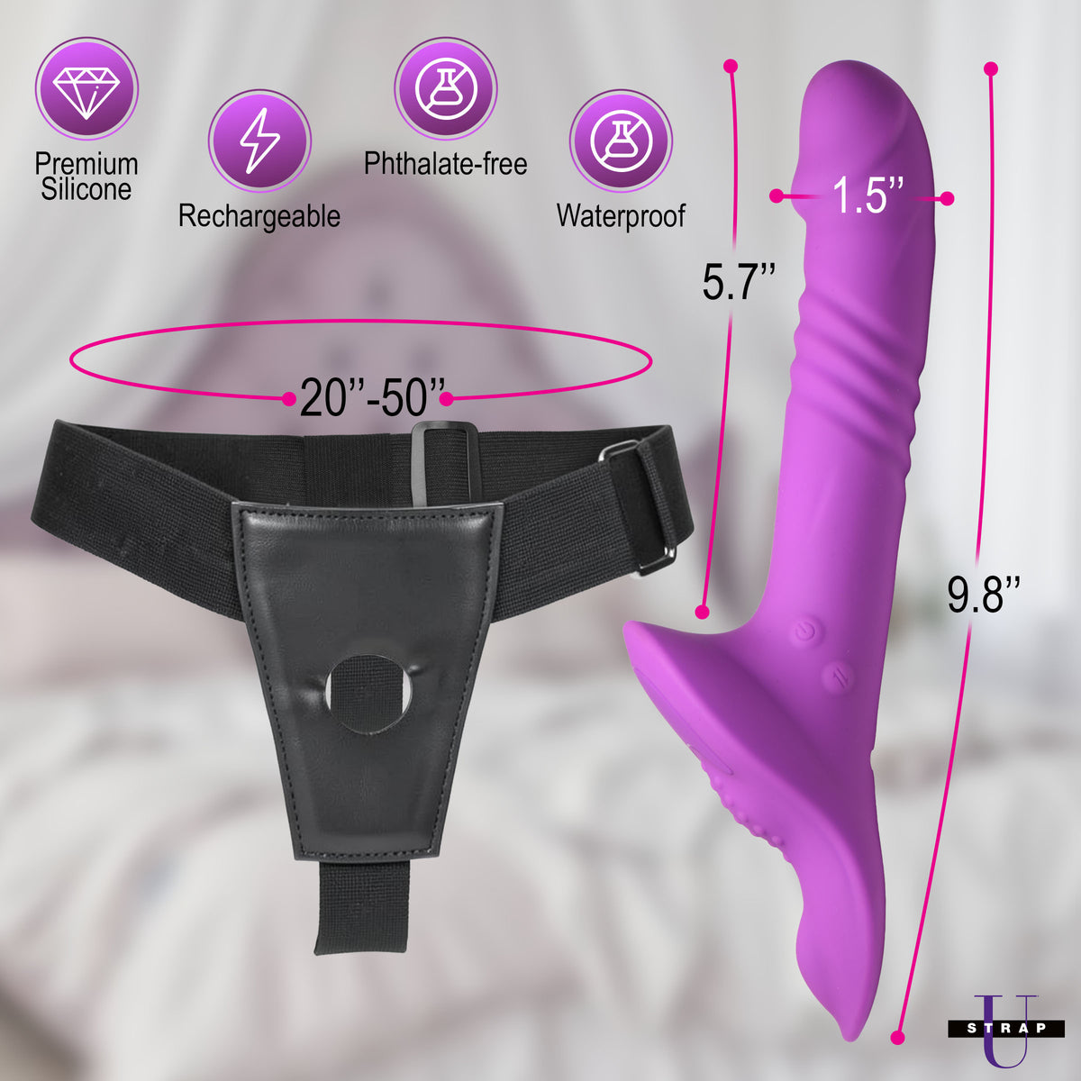 Strap U Thrusting Vibrating Strap-On with Harness showcasing dimensions and features on a blurred background.