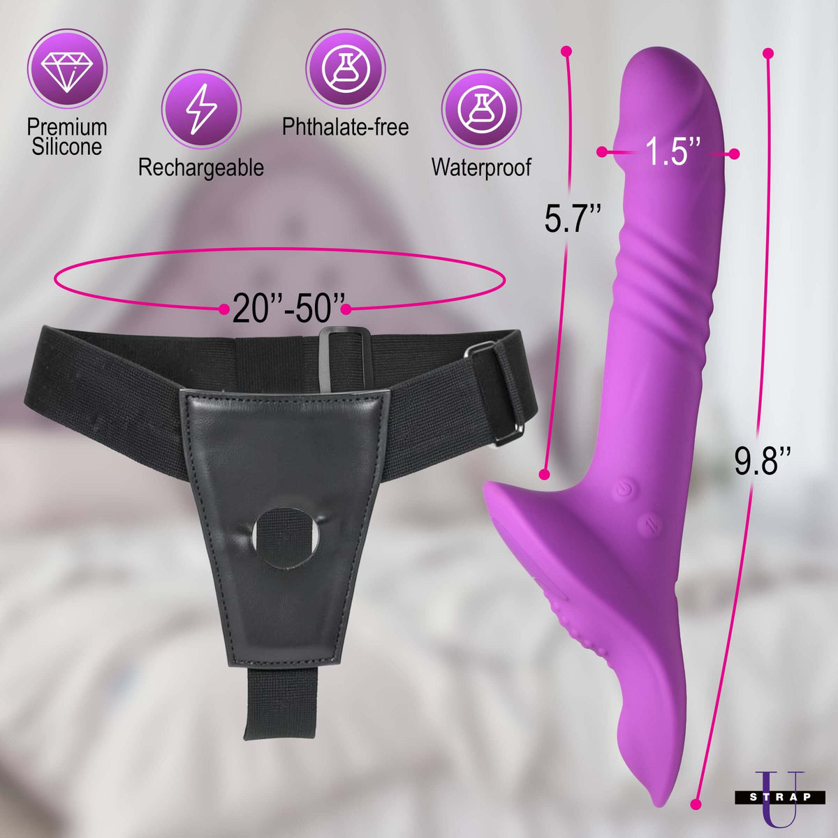 Strap U Thrusting Vibrating Strap-On with Harness showcasing dimensions and features on a blurred background.
