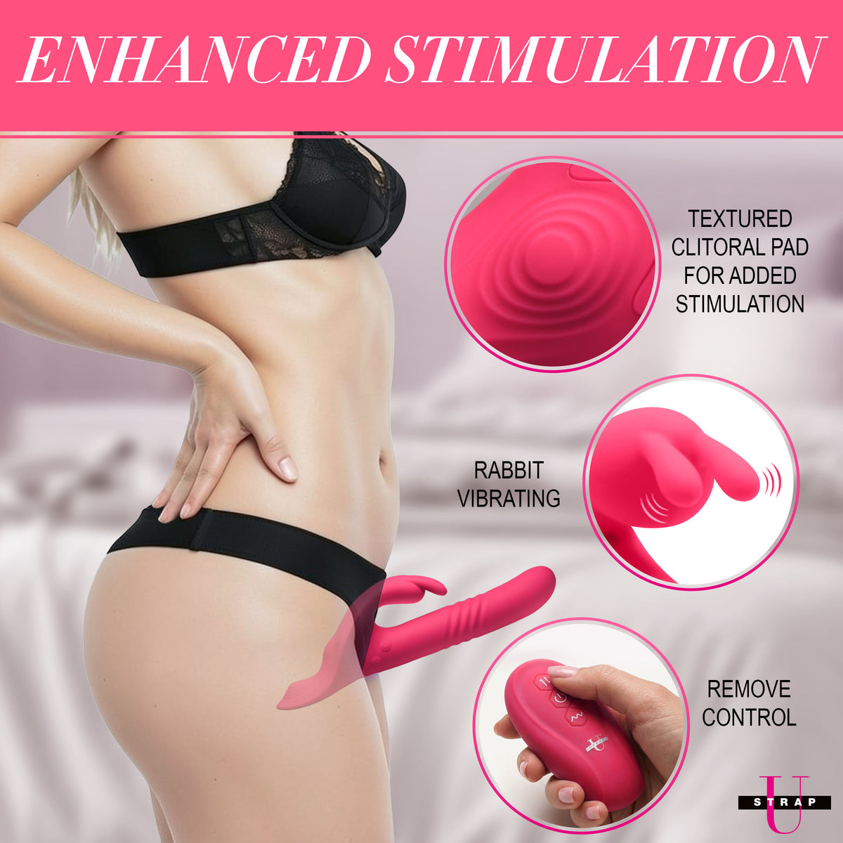 Strap U Thrusting Vibrating Rabbit Strap-On with Harness showcasing textured clitoral pad and rabbit vibrating feature.