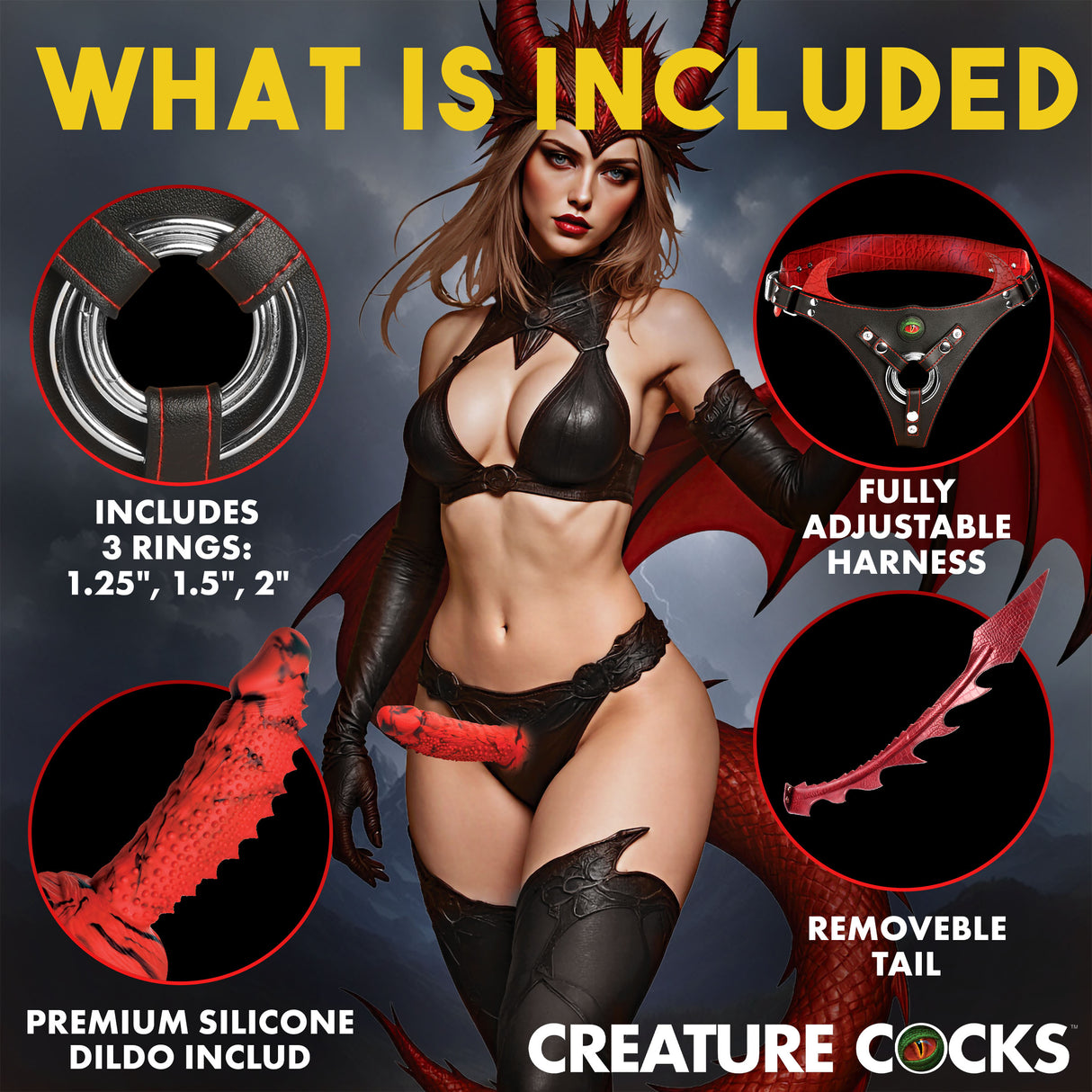 Creataure Cocks Drakona Dragon Tail Strap-On Harness with Dildo features adjustable harness, removable tail, and premium silicone dildo.