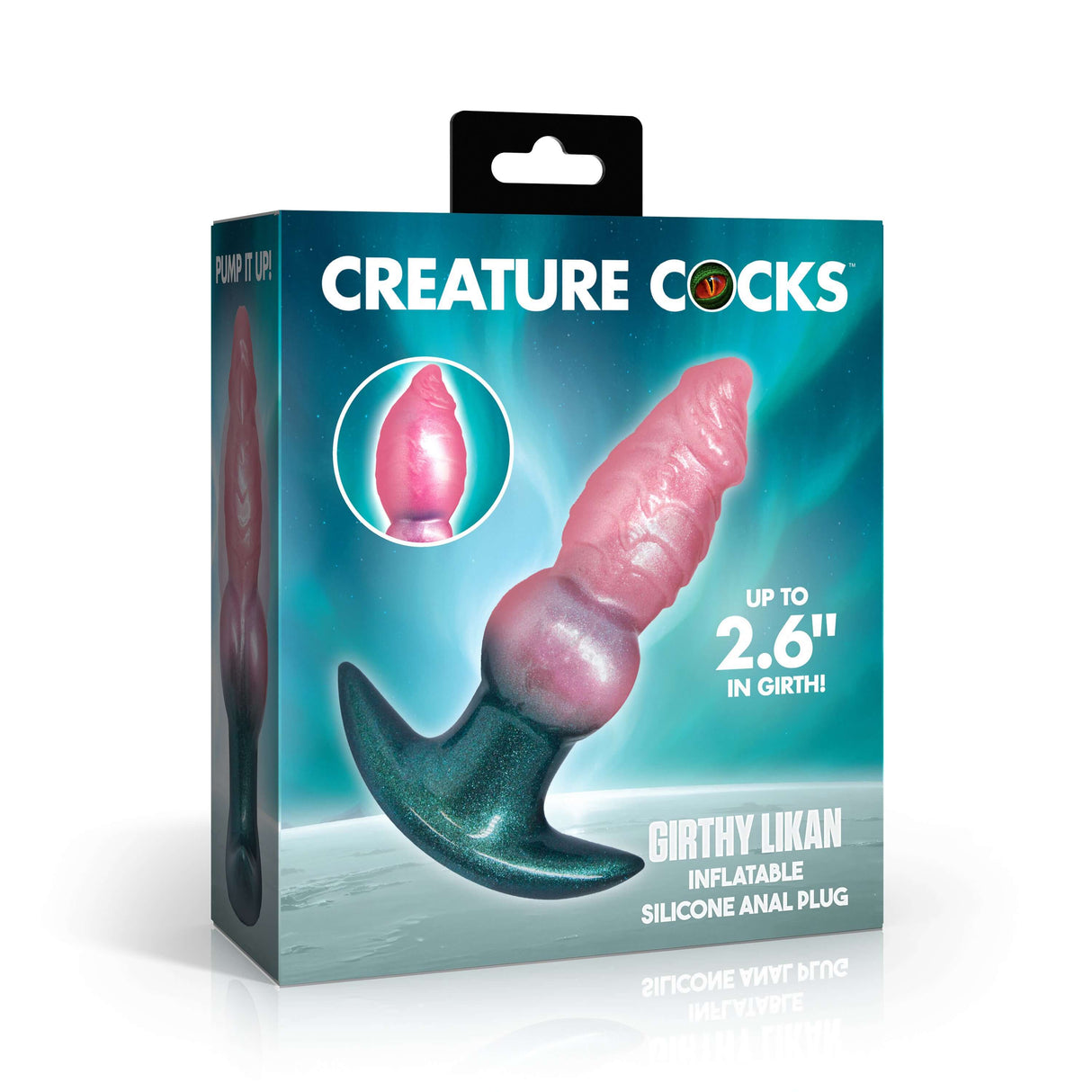 Creature Cocks Girthy Likan Inflatable Fantasy Anal Plug in packaging, showcasing its girth and features.