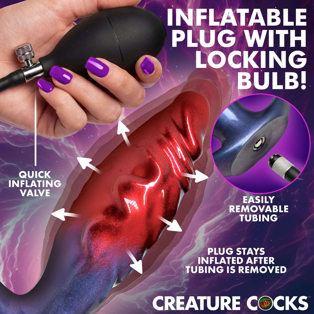Creature Cocks Anal Invader Inflatable Fantasy Anal Plug with quick inflating valve and locking bulb for easy use.