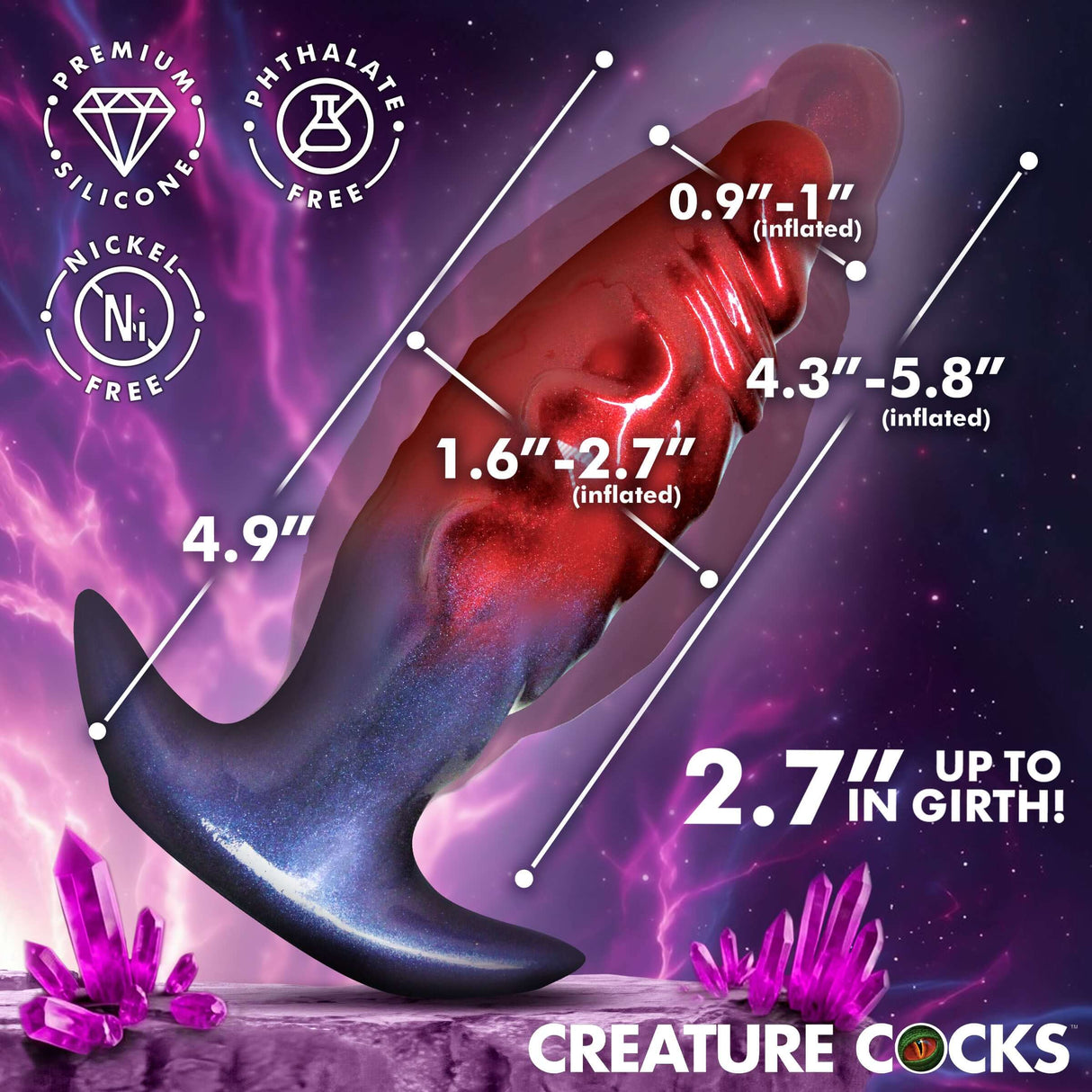 Creature Cocks Anal Invader Inflatable Fantasy Anal Plug dimensions showing inflated sizes and premium silicone material.