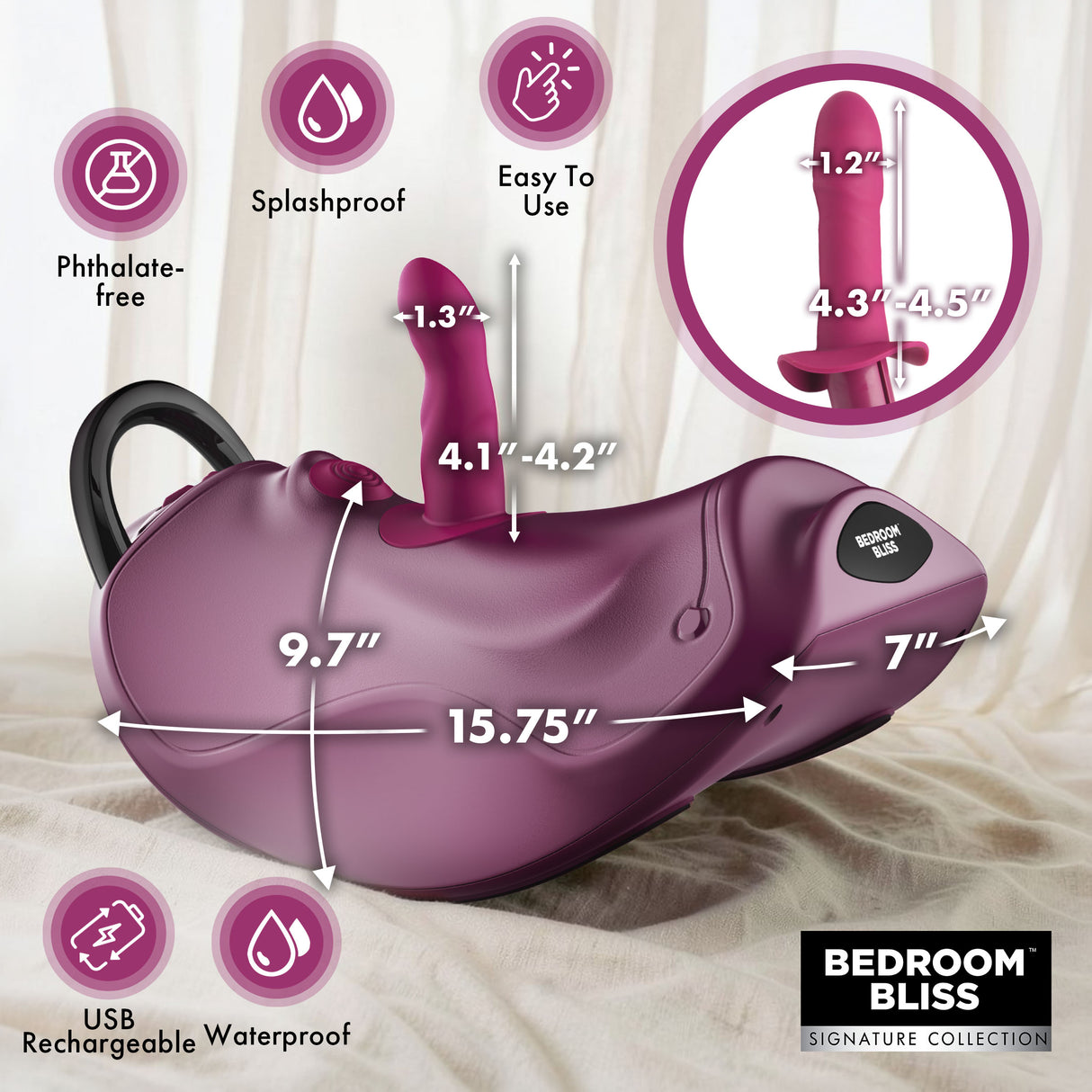 Bedroom Bliss Wild Ride Rocking Saddle Sex Machine features, dimensions, waterproof design, and user-friendly elements.
