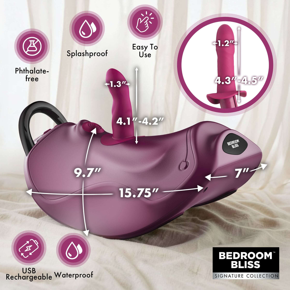 Bedroom Bliss Wild Ride Rocking Saddle Sex Machine features, dimensions, waterproof design, and user-friendly elements.