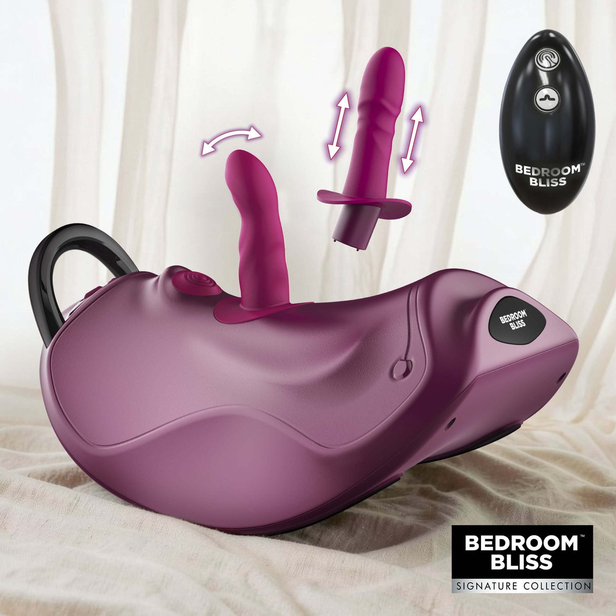 Bedroom Bliss Wild Ride Rocking Saddle Sex Machine with dual stimulators and remote control for enhanced pleasure.