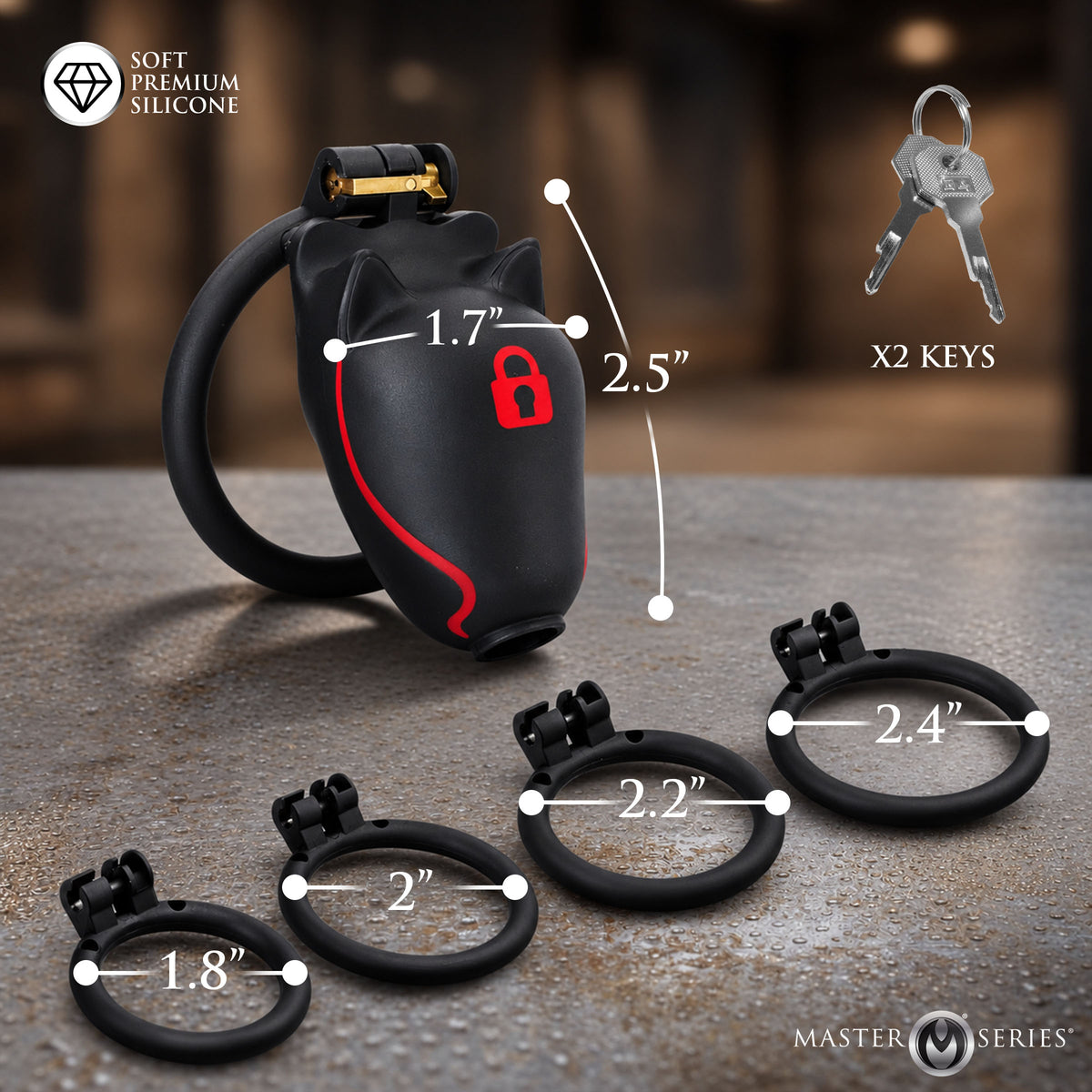 Master Series Puplock Chastity Cage Black with dimensions and two keys for male chastity enthusiasts.