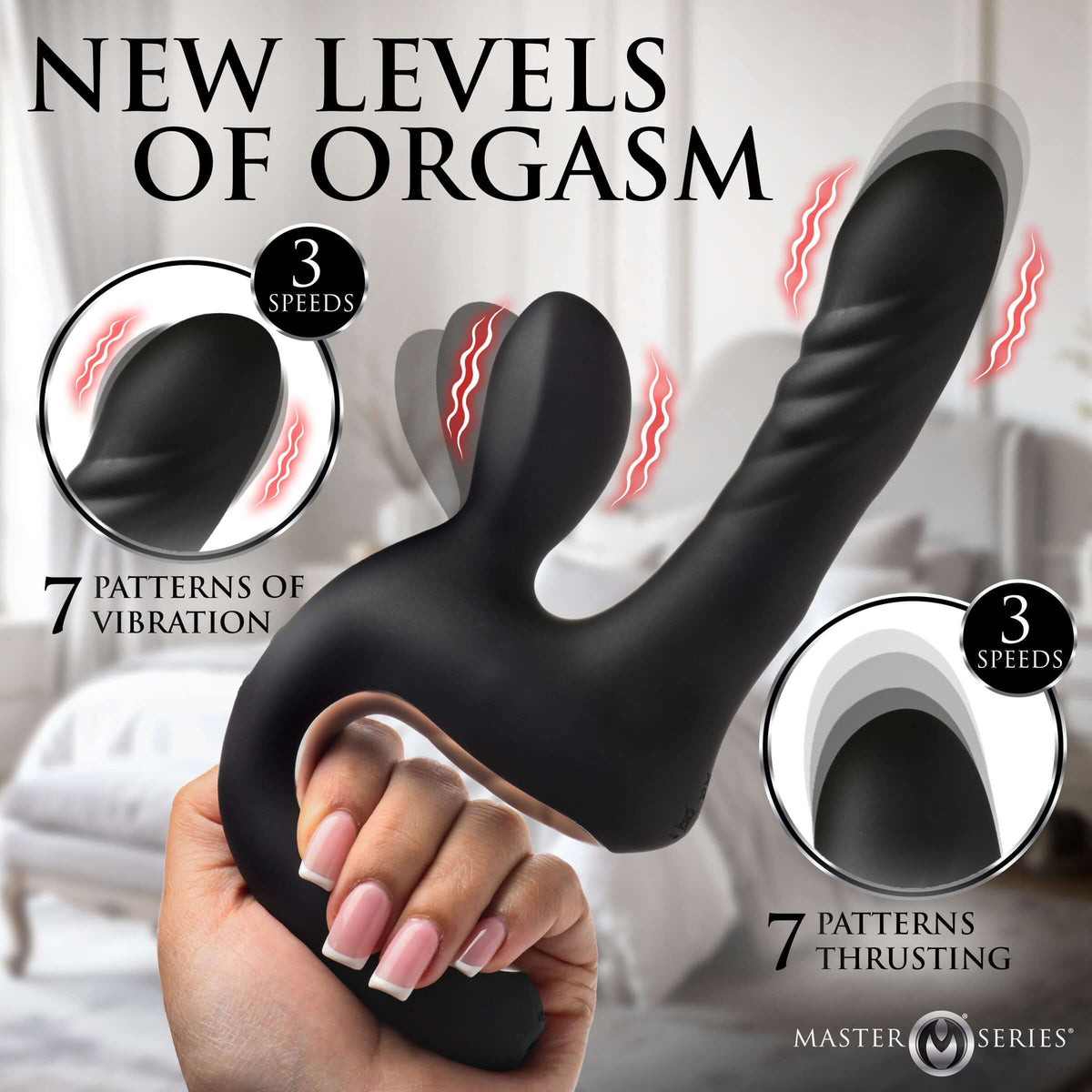 Master Series Thrust Pounder Thrusting Silicone Vibrator showcasing 3 speeds and 7 patterns of vibration and thrusting.