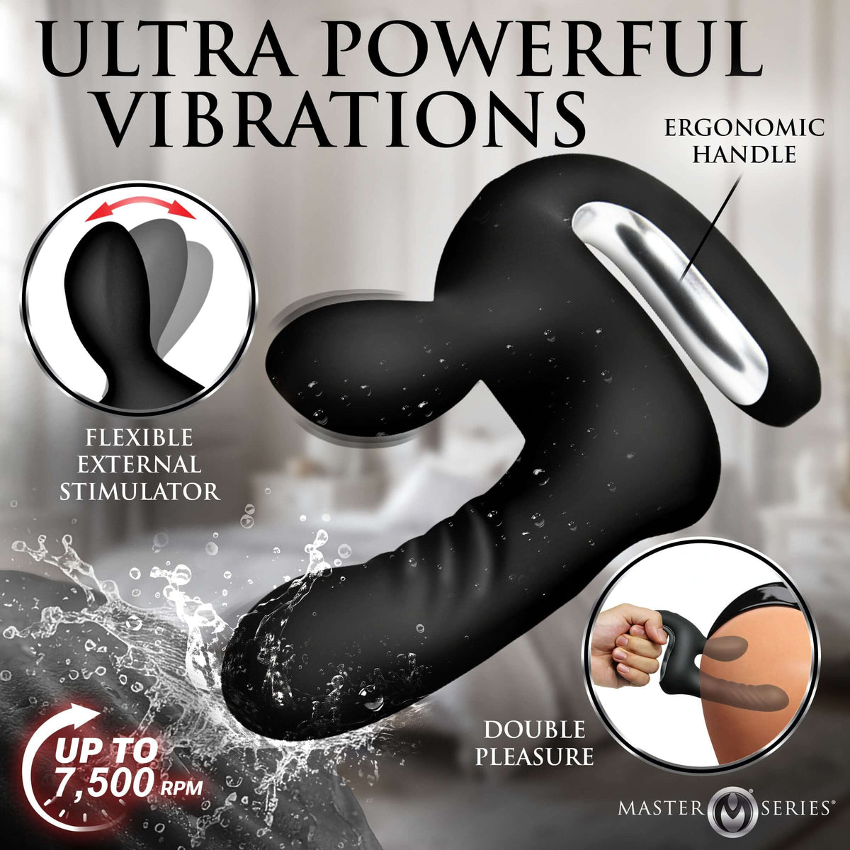 Master Series Thrust Pounder Thrusting Silicone Vibrator showcasing ultra powerful vibrations and ergonomic handle.