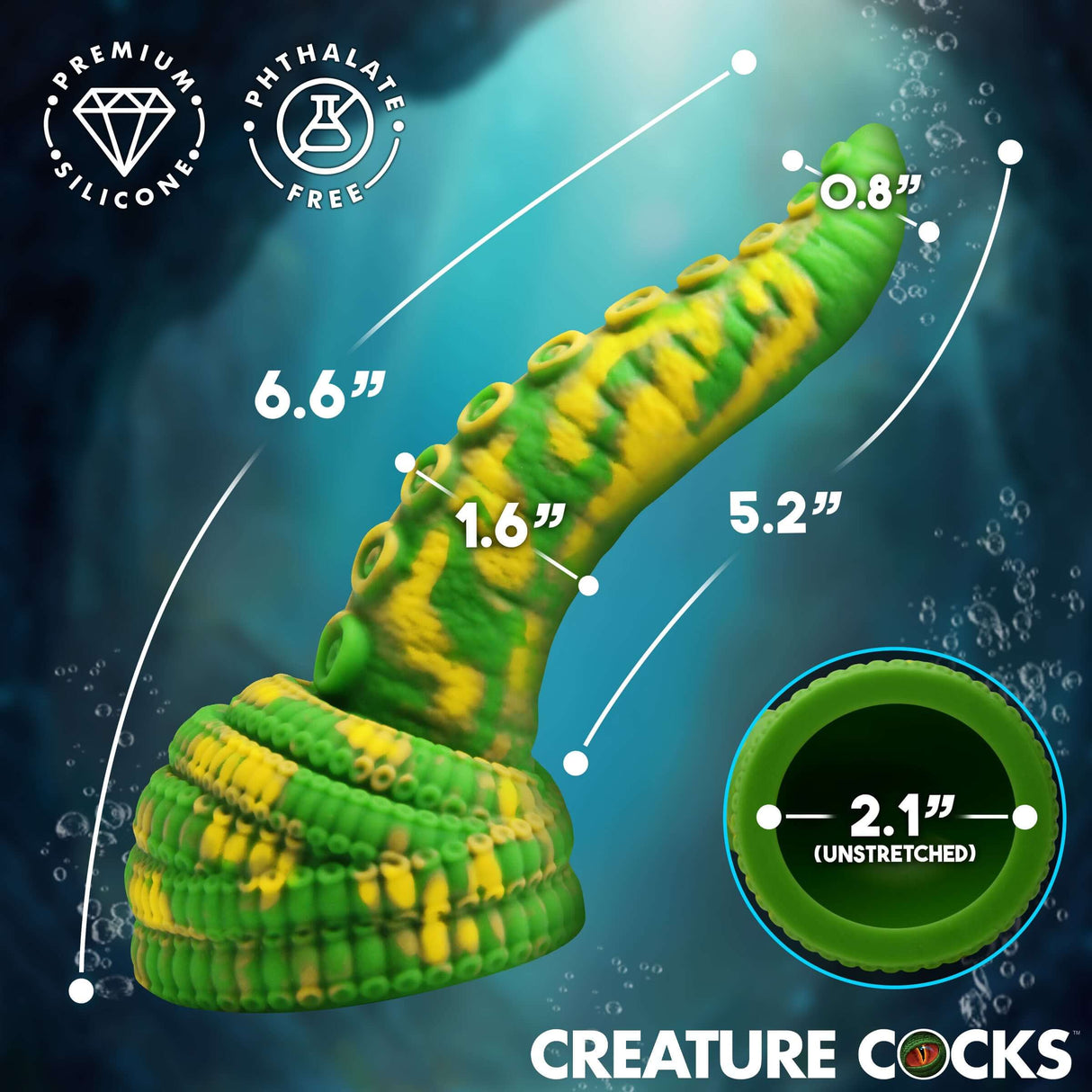 Creature Cocks Tenta Head Fantasy Silicone Wand Attachment showing tentacle design and insertable length.