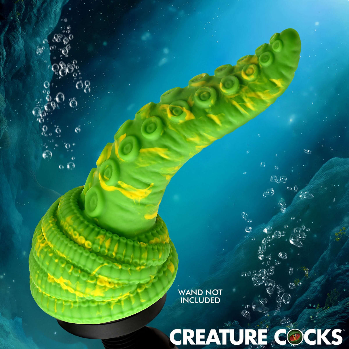 Creature Cocks Tenta Head Fantasy Silicone Wand Attachment featuring tentacle design in vibrant green and yellow, wand not included.