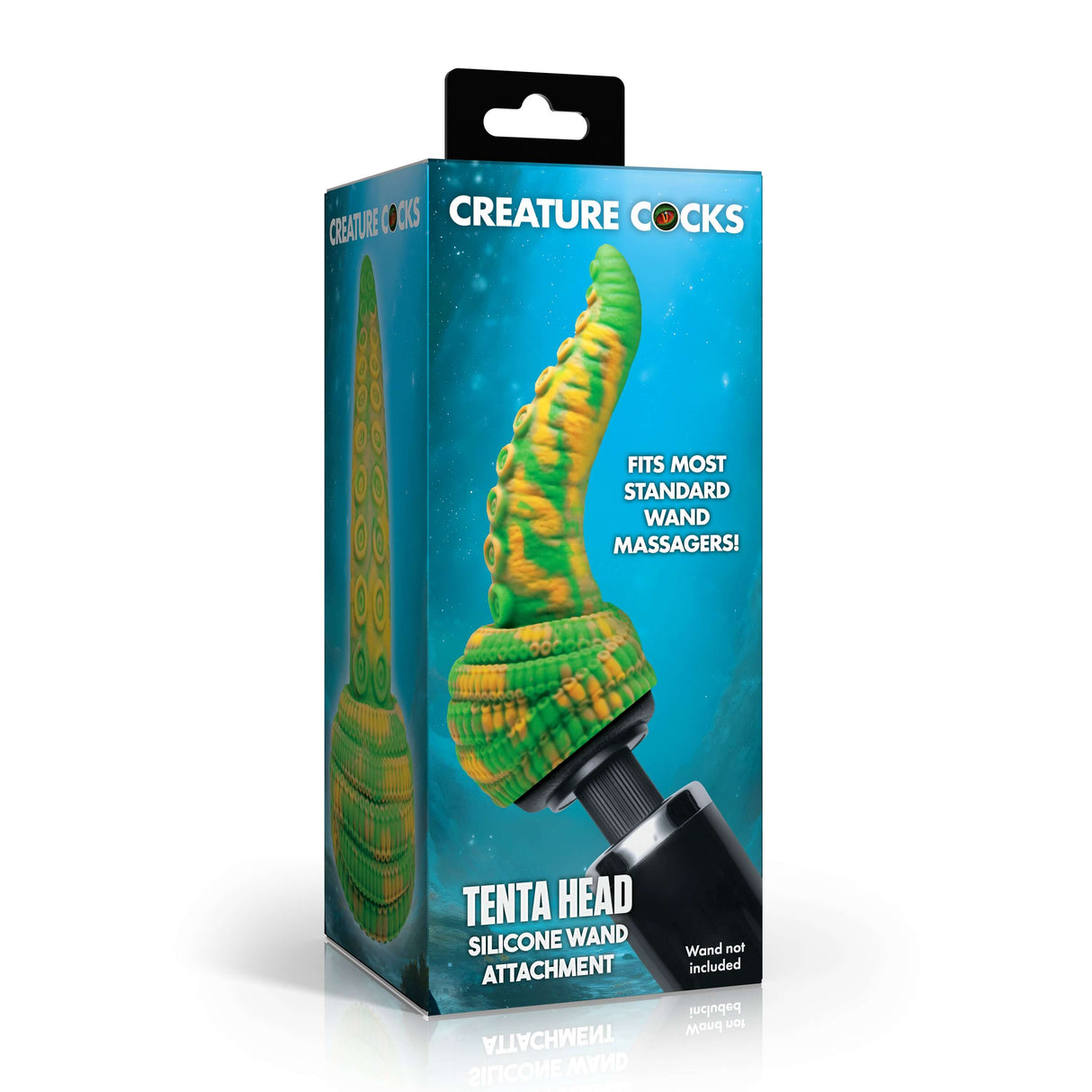 Creature Cocks Tenta Head Fantasy Silicone Wand Attachment packaging featuring vibrant tentacle design.