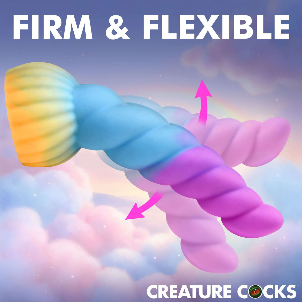 Creature Cocks Unicorn Head Fantasy Silicone Wand Attachment in vibrant colors, showcasing its firm and flexible design.