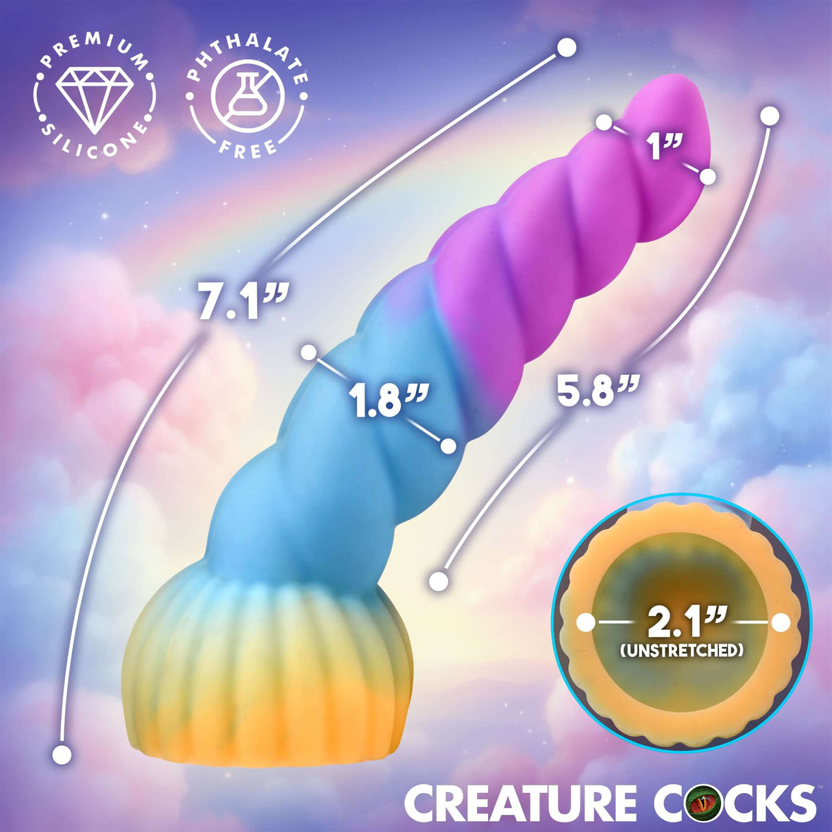 Creature Cocks Unicorn Head Fantasy Silicone Wand Attachment showcasing colorful design and dimension details.