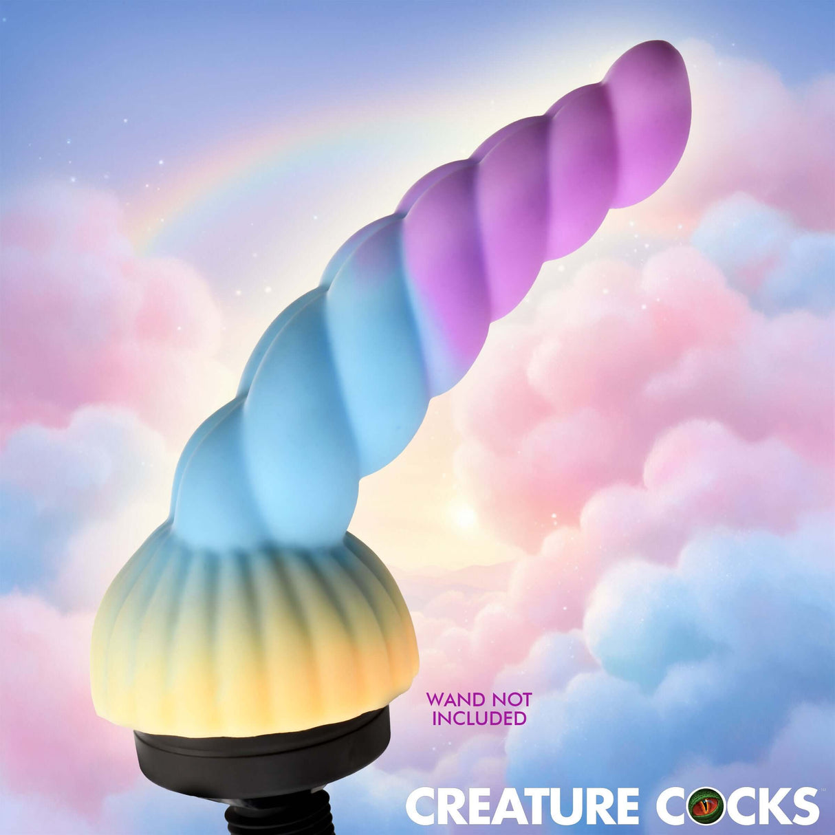Creature Cocks Unicorn Head Fantasy Silicone Wand Attachment with ridged spiral horn against a pastel cloud background