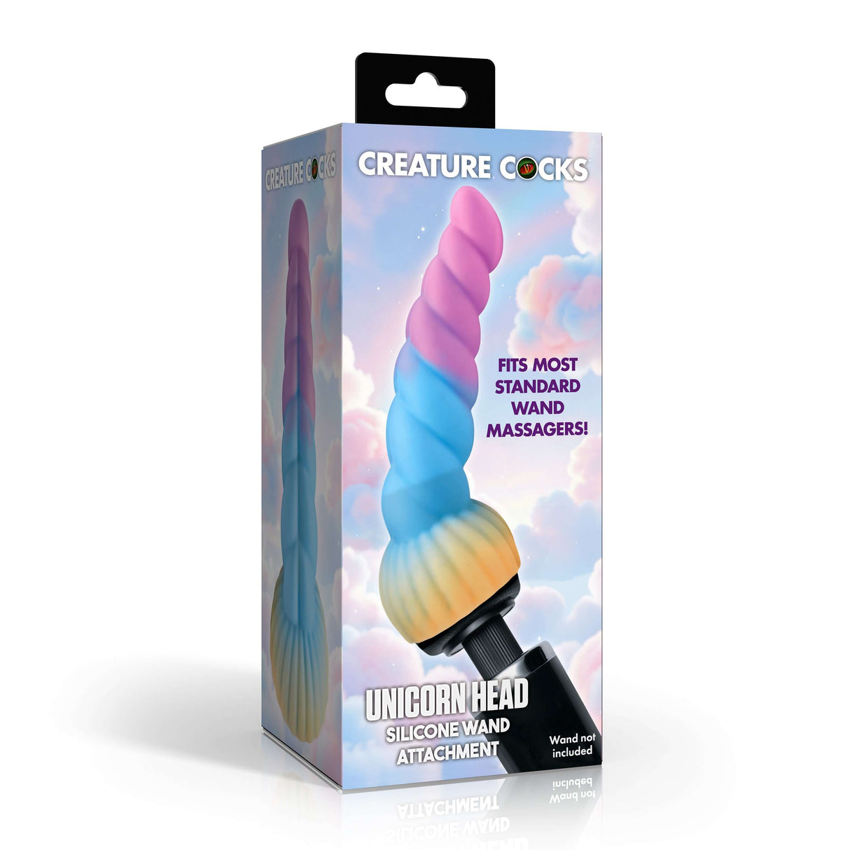 Creature Cocks Unicorn Head Fantasy Silicone Wand Attachment packaging featuring a colorful unicorn horn design.