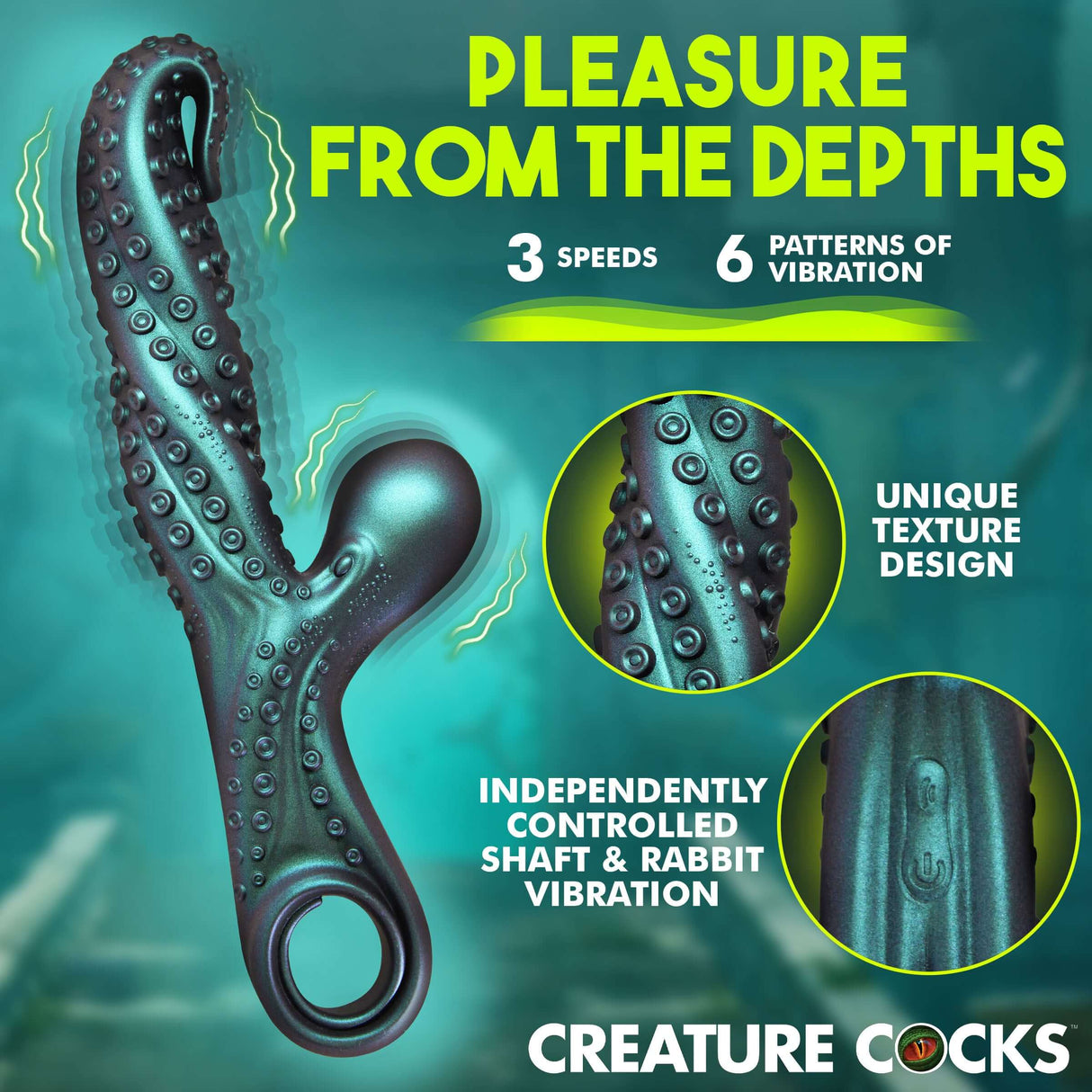 Creature Cocks Vibropus Fantasy Silicone Vibrator showcasing unique textured design, 3 speeds, and 6 vibration patterns.