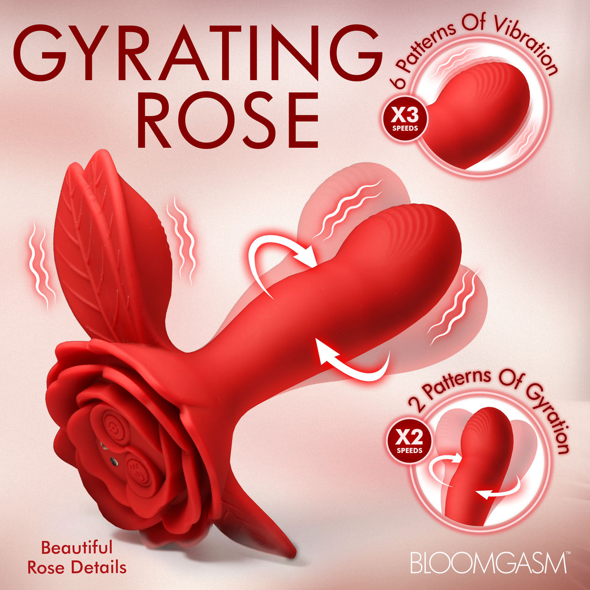 Bloomgasm Gyrarose Gyrating Silicone Vibrator showcasing 6 vibration patterns and 2 gyration patterns with rose details.
