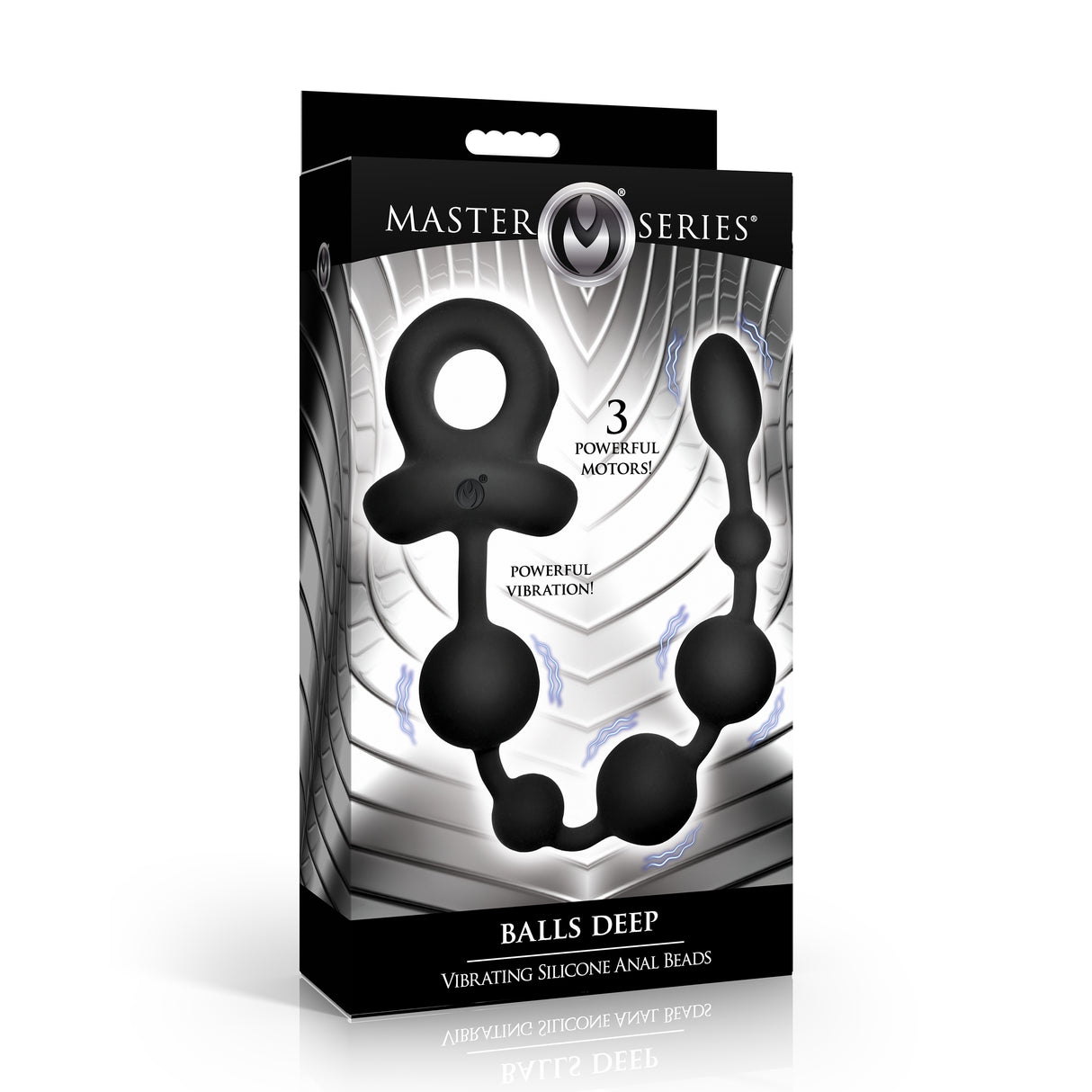 Master Series Balls Deep Vibrating Silicone Anal Beads packaging featuring 3 powerful motors for enhanced vibration.