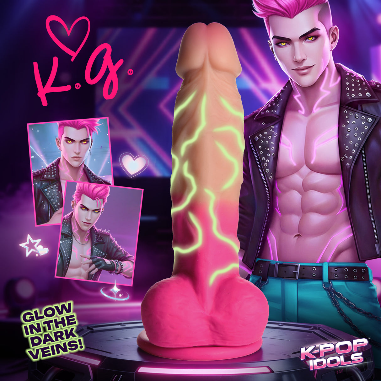 K-Pop Idols KG Silicone Dildo with Balls featuring a glow-in-the-dark design and vibrant colors, ideal for play.