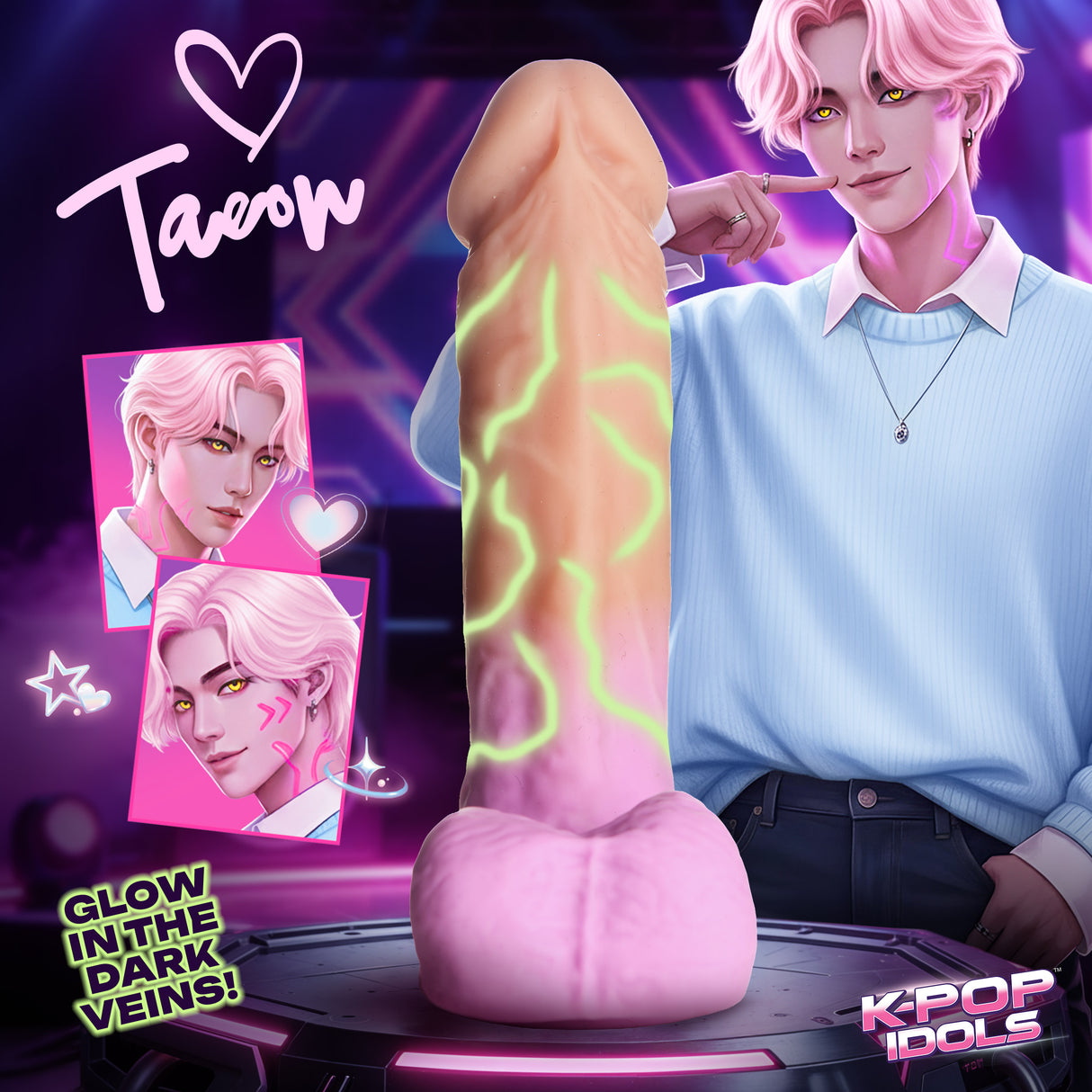 K-Pop Idols Taeon Silicone Dildo with Balls featuring glow-in-the-dark vein details and collectible design.