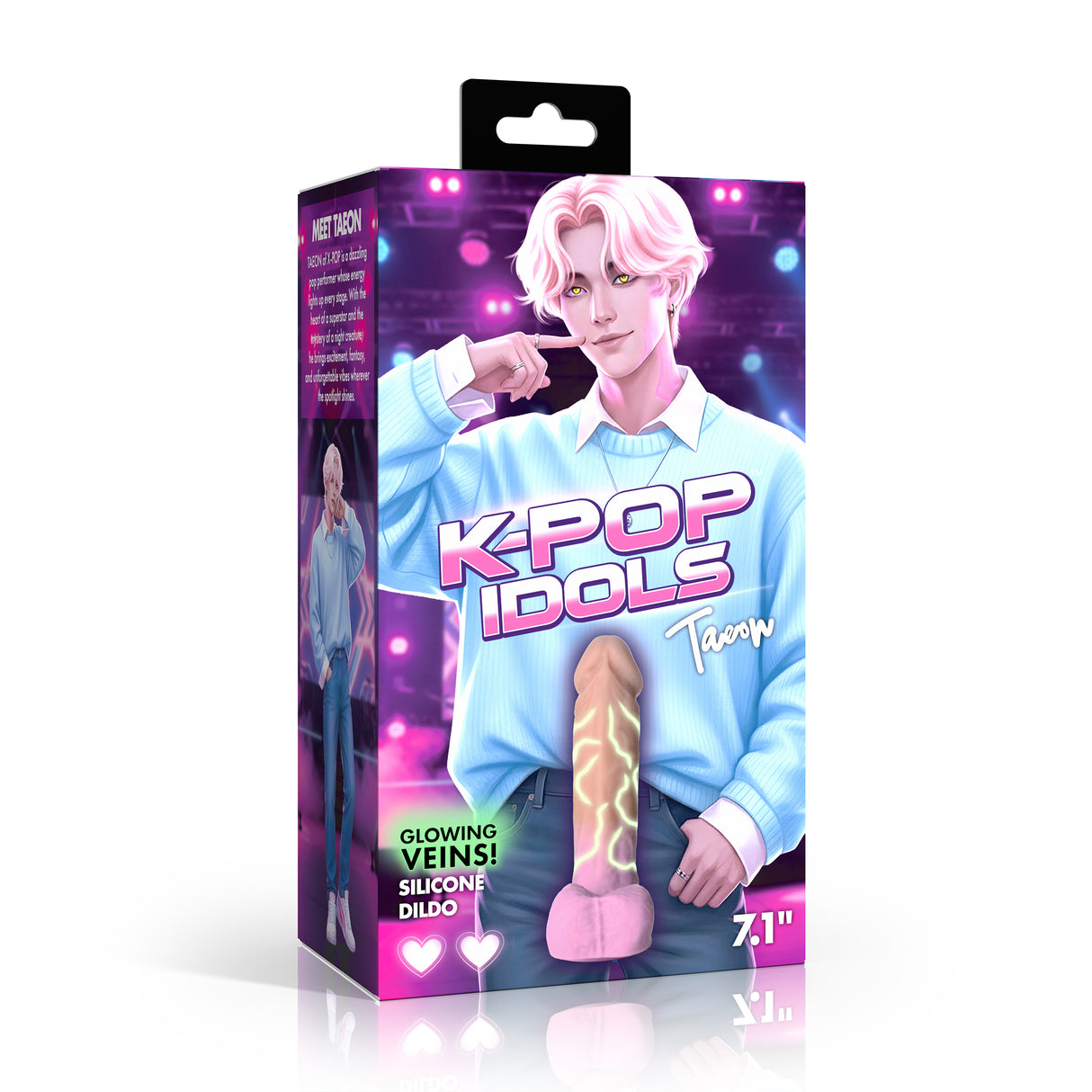 K-Pop Idols Taeon Silicone Dildo with Balls packaging showcasing glowing veins and a stylish design for collectors.