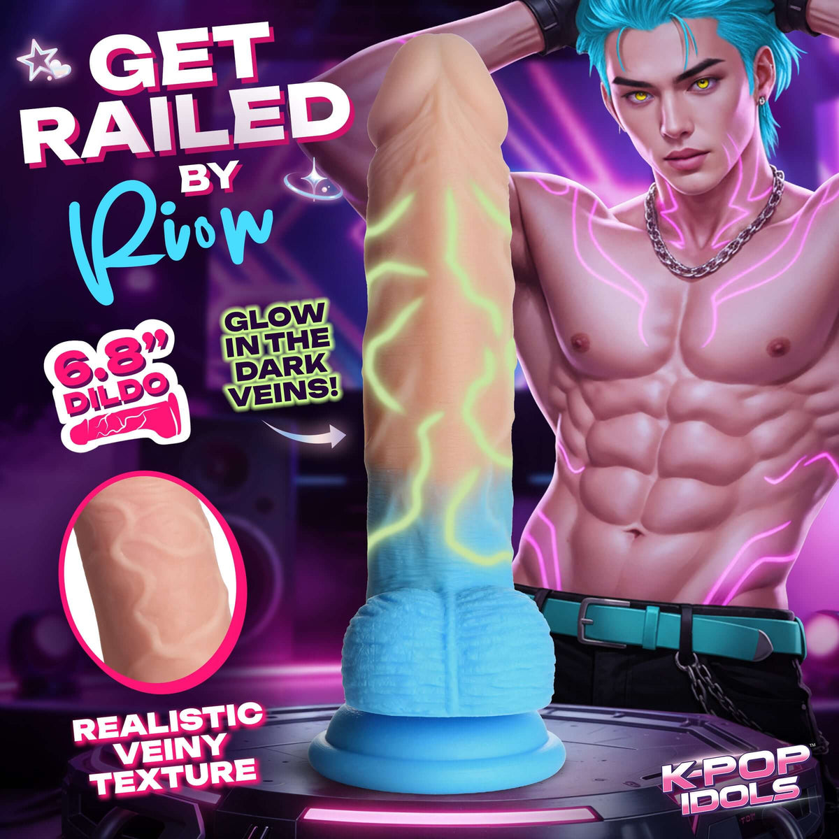K-Pop Idols Rion Silicone Dildo with Balls featuring glow-in-the-dark veins and realistic veiny texture.