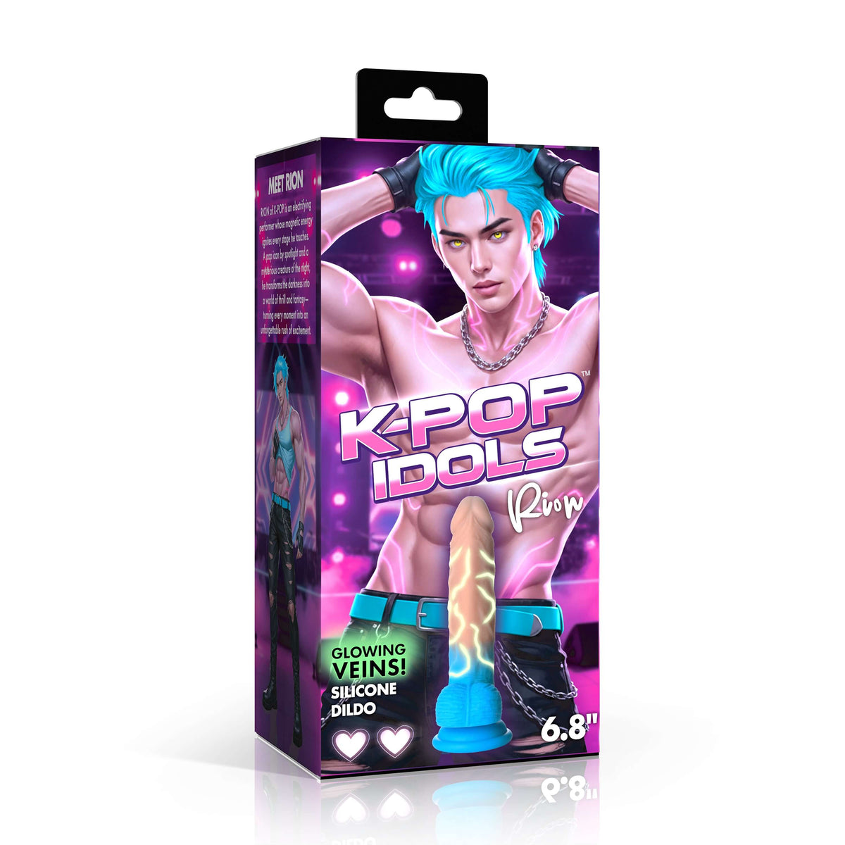 K-Pop Idols Rion Silicone Dildo with Balls packaging featuring glowing veins and a vibrant design.