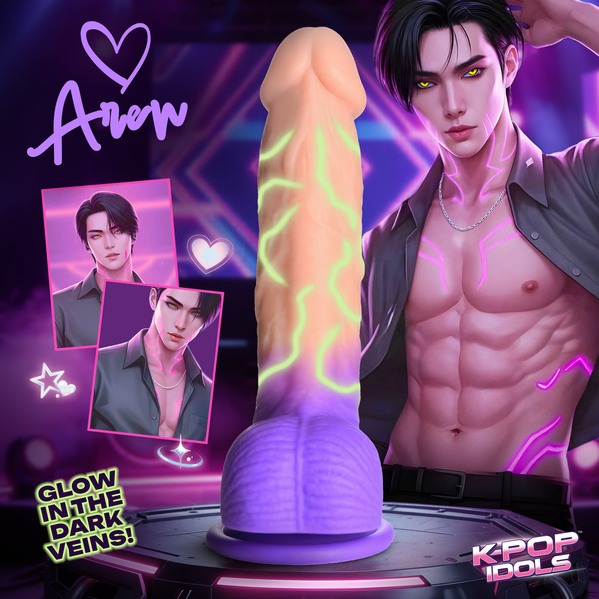 K-Pop Dildos Aren Silicone Dildo with Balls features glow-in-the-dark veins and a realistic design in Galaxy Purple.