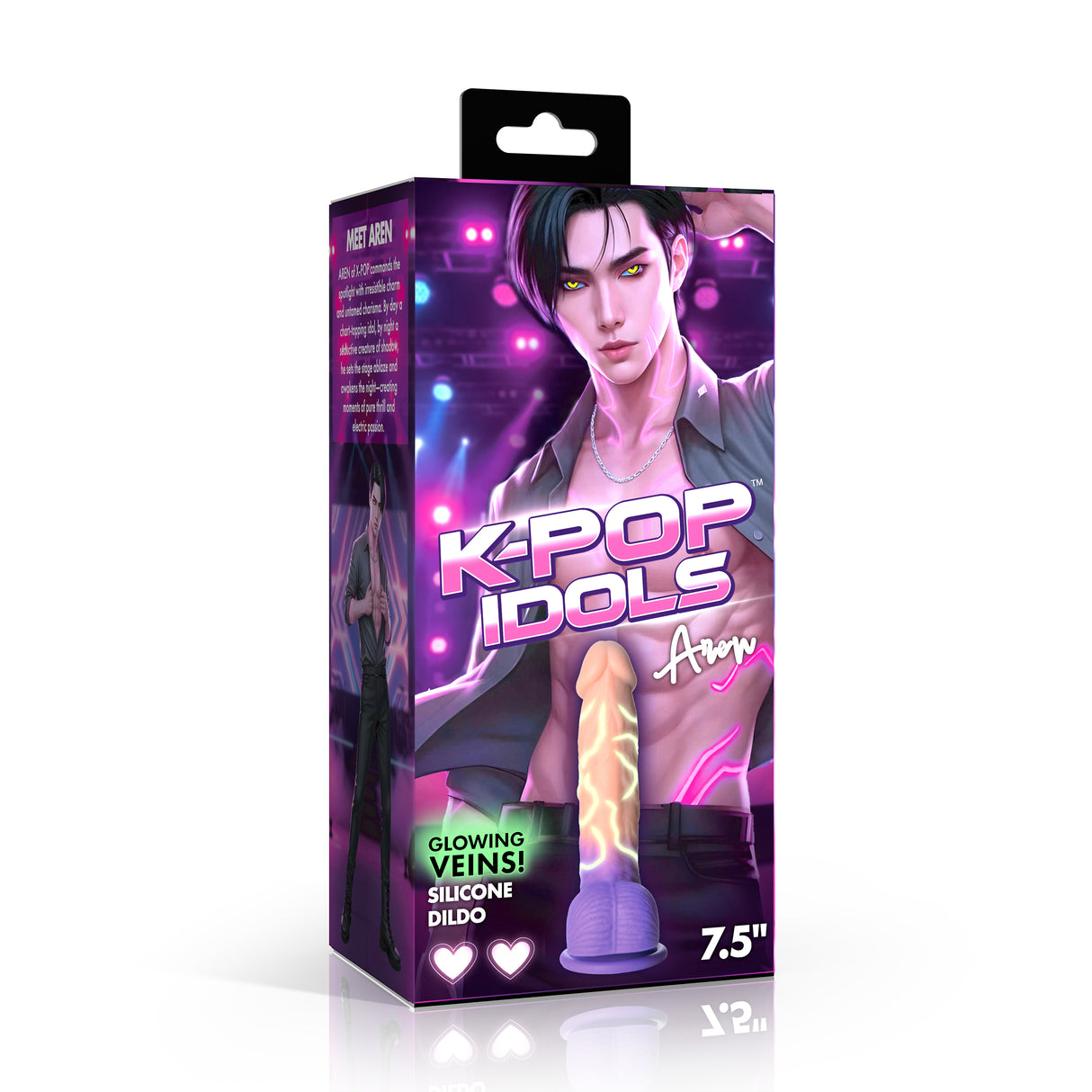 K-Pop Dildos Aren Silicone Dildo with Balls packaging featuring glowing veins and vibrant design.