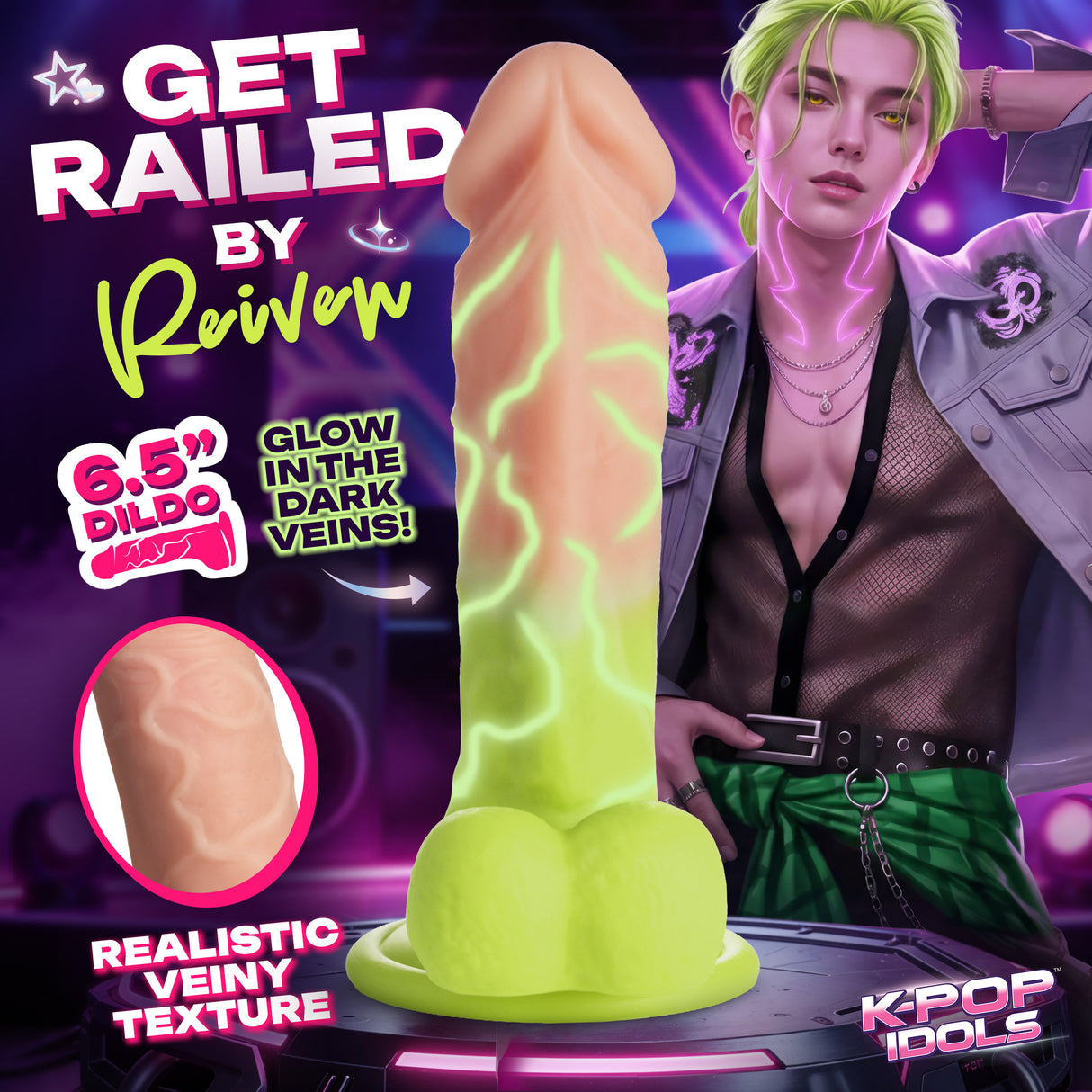 K-Pop Idols Reiven Silicone Dildo with Balls featuring glow-in-the-dark veins and realistic veiny texture.