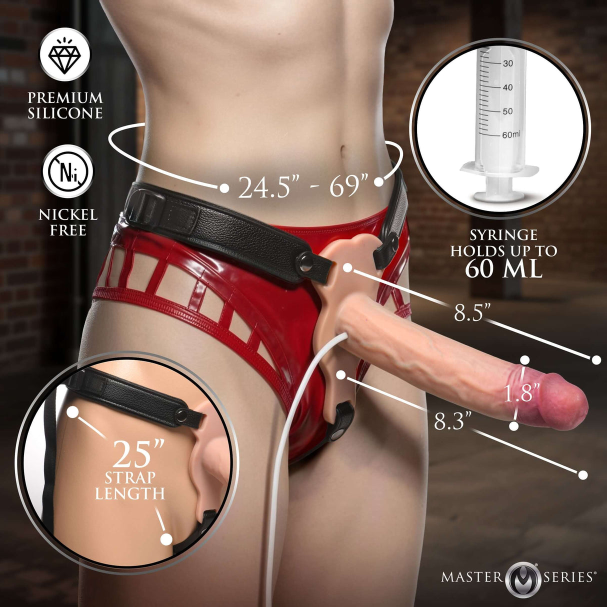 Breeder Stretchy Skin Squirting Silicone Dildo with Harness featuring premium silicone, adjustable strap length, and syringe for filling.