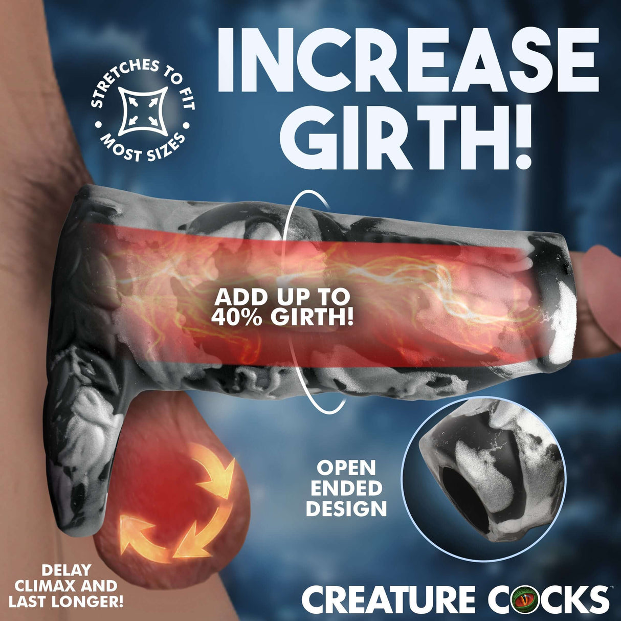 Creature Cocks Night Prowler Silicone Penis Enhancer showing features to increase girth and delay climax.