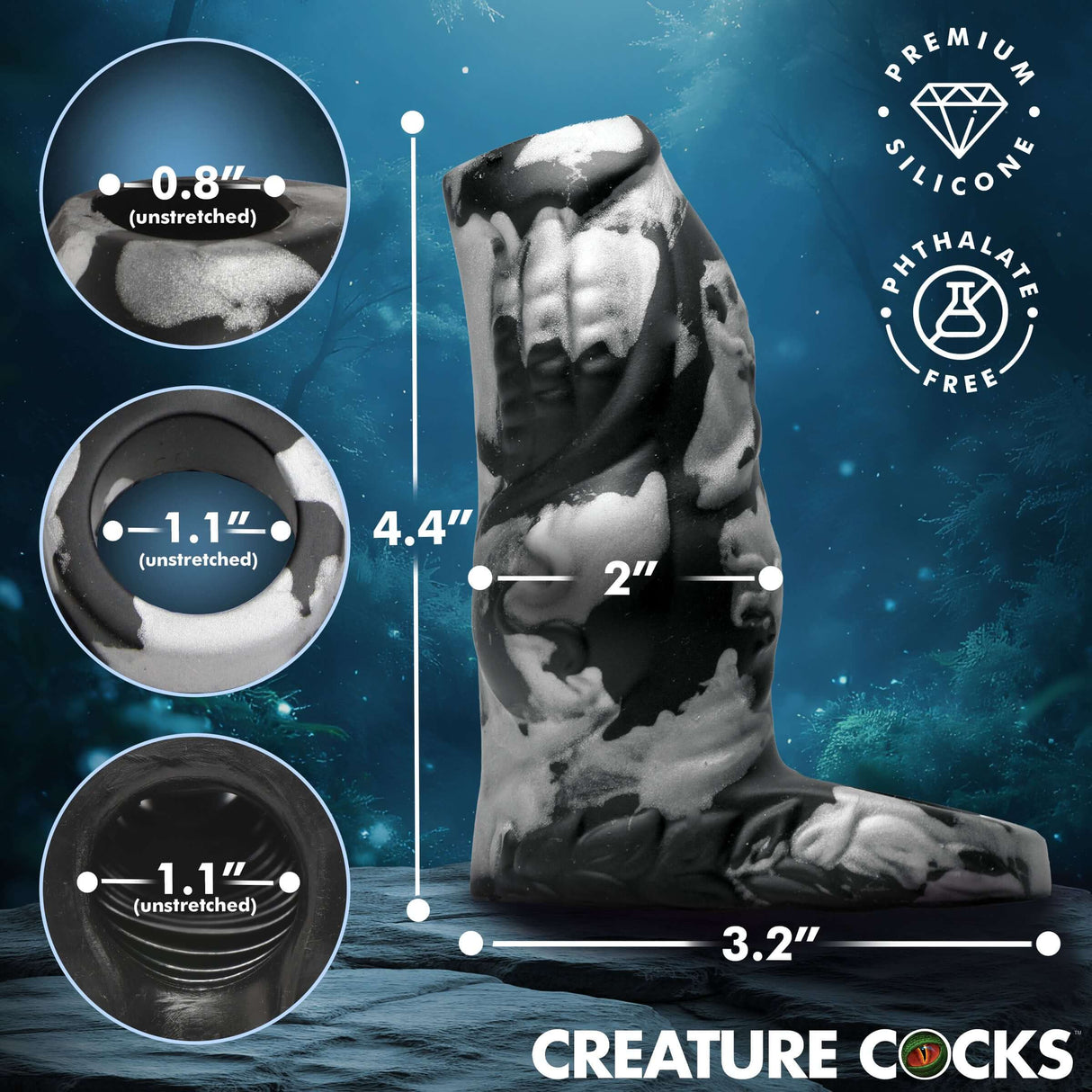 Creature Cocks Night Prowler Silicone Penis Enhancer showcasing its dimensions and design in premium silicone.