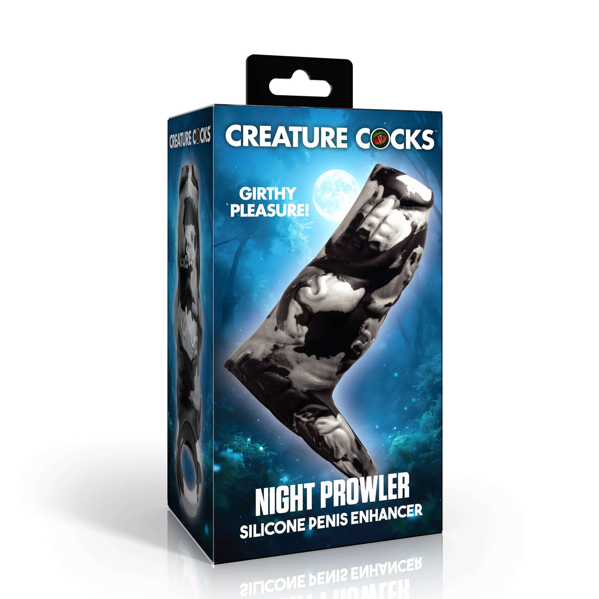 Creature Cocks Night Prowler Silicone Penis Enhancer packaging with design, showcasing girthy pleasure features.