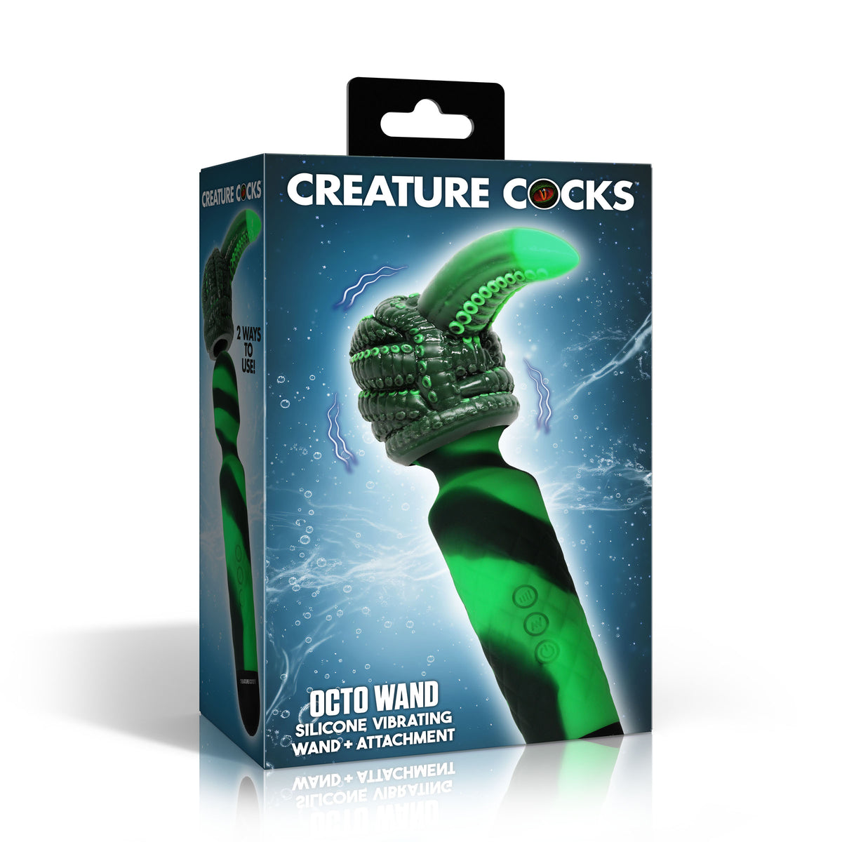 Octo Wand Silicone Vibrating Wand With Attachment packaging featuring unique design and versatility.